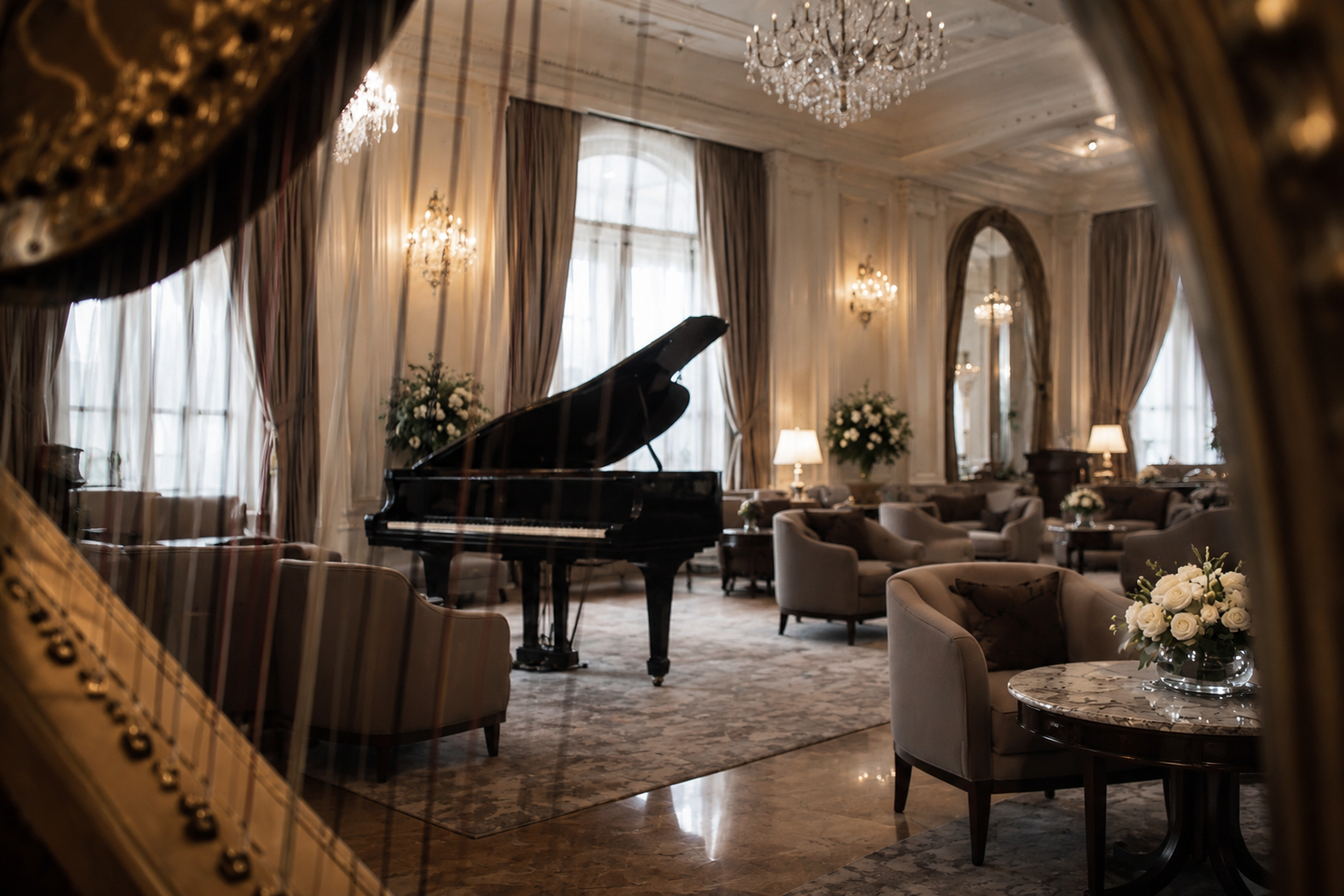Direction artistique musicale avec ensemble à cordes, harpe et piano dans un salon de palace élégant pour événements privés et maisons de luxe.