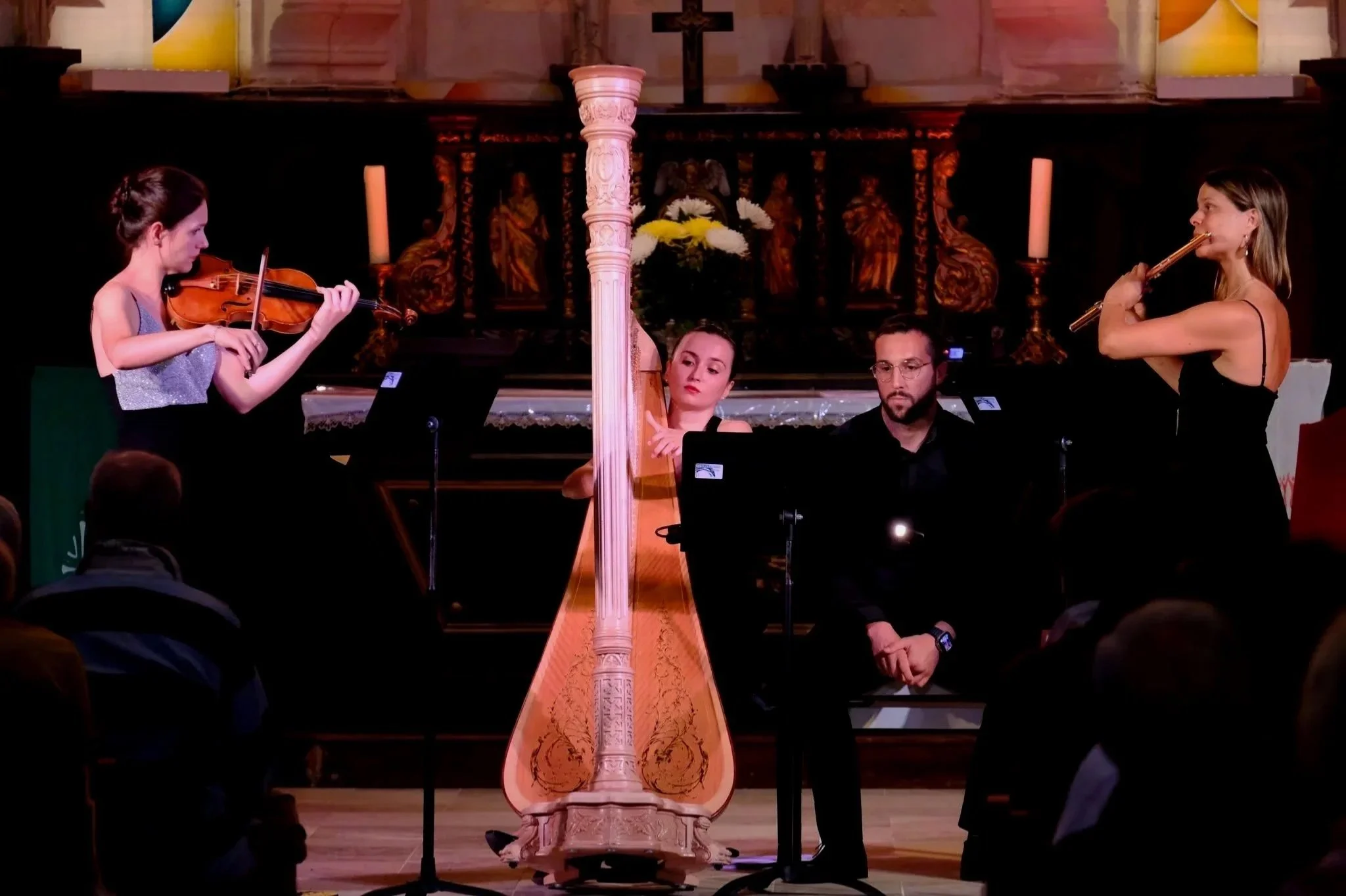Formation musicale en trio avec piano, violoncelle et flûte, dans un salon de musique élégant.