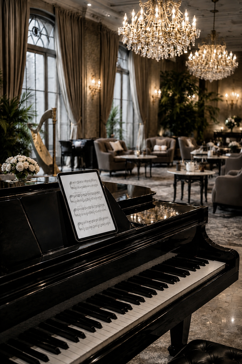 Piano à queue dans un salon de palace lors d'une réception musicale élégante - Arsis Thesis