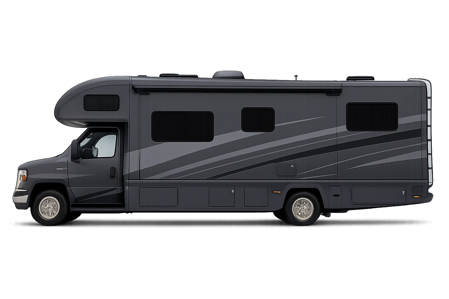 A gray class C motorhome RV with multiple windows parked against a colorful, digital glitch background.