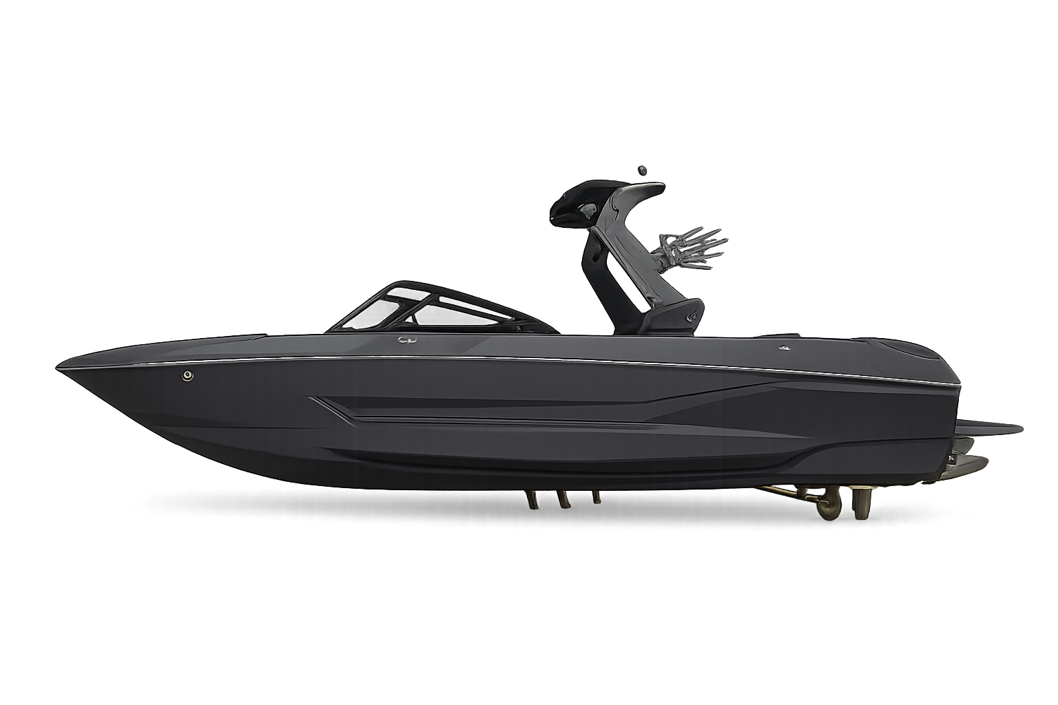 A sleek black speedboat with a cabin and a tower with a steering wheel, set against a colorful digital background.
