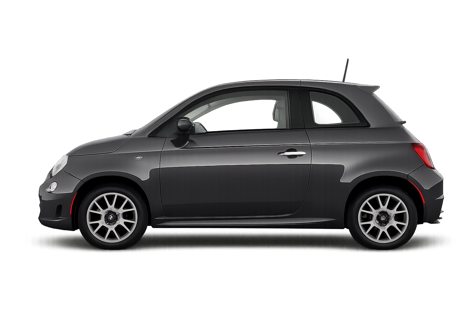 A black compact hatchback car with silver wheels parked on a flat surface with a colorful abstract background.