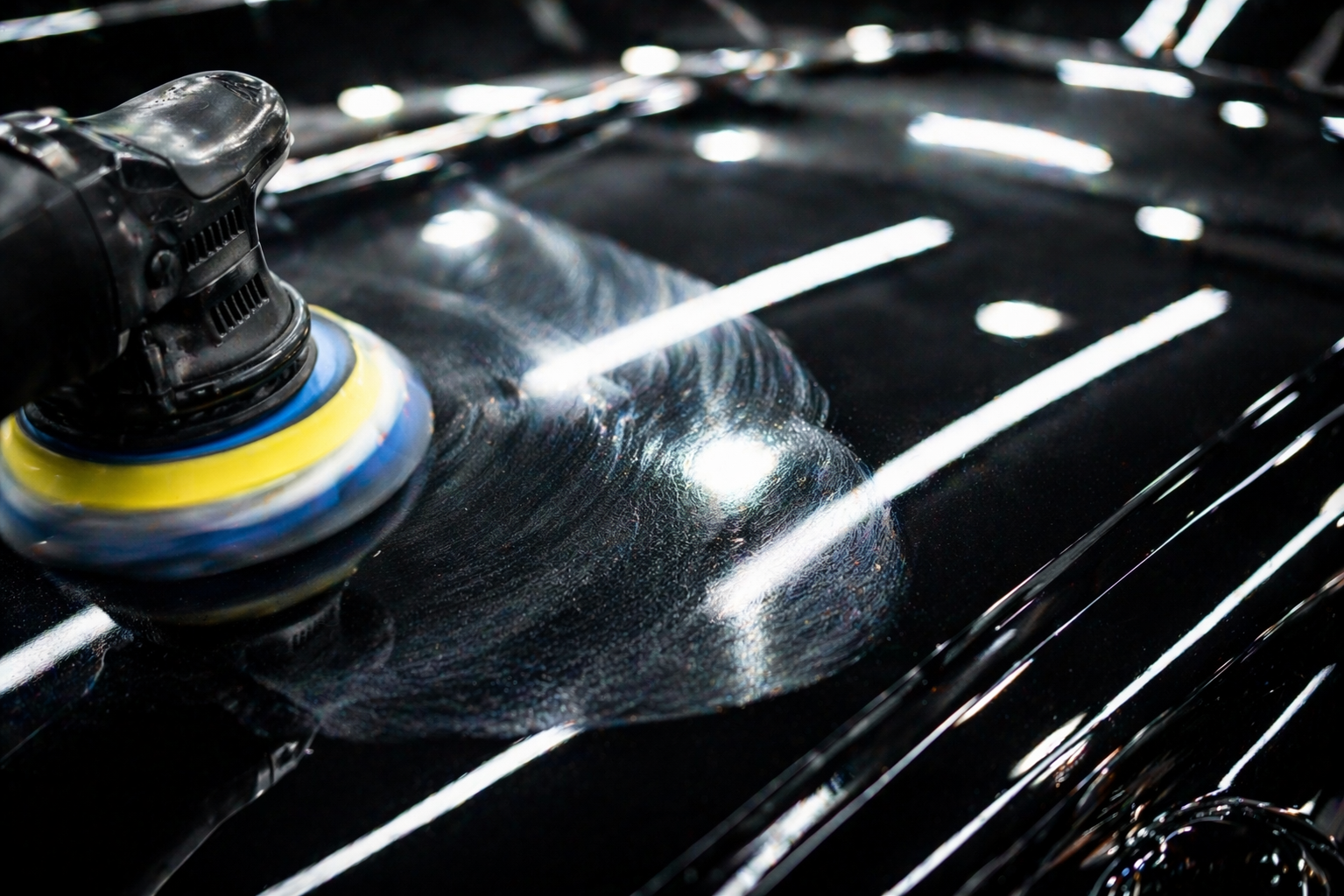 Close-up of a polishing machine buffing the surface of a black car to a shiny finish.