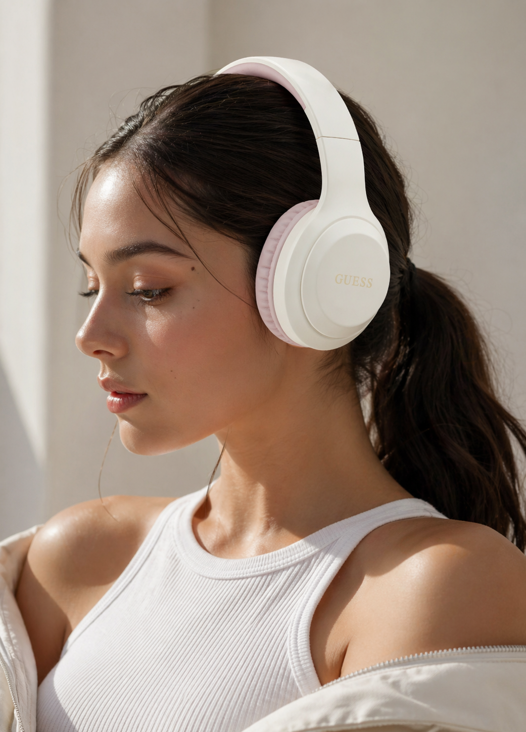 A young woman with dark hair tied in a ponytail is wearing white Guess headphones and a white sleeveless top, with sunlight illuminating her face and shoulder.