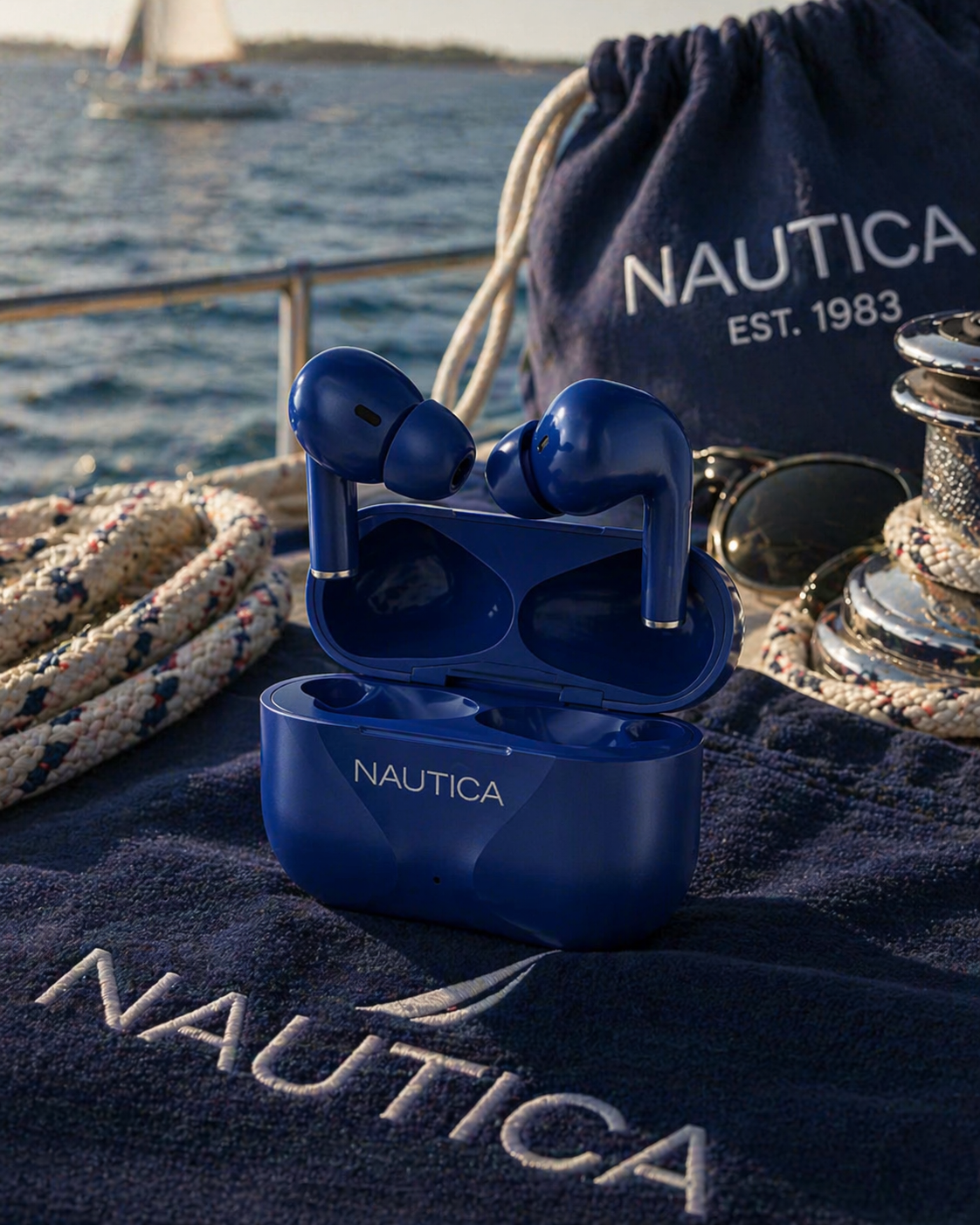 Blue Nautica wireless earbuds in their case on a boat deck with nautical ropes, sunglasses, and a navy Nautica bag in the background, overlooking water and sailboats.