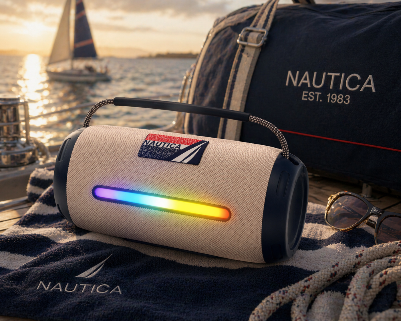 A Nautica portable speaker with rainbow LED light on a boat deck, next to sunglasses and Nautica branded paraphernalia, with a sailboat on the water at sunset in the background.