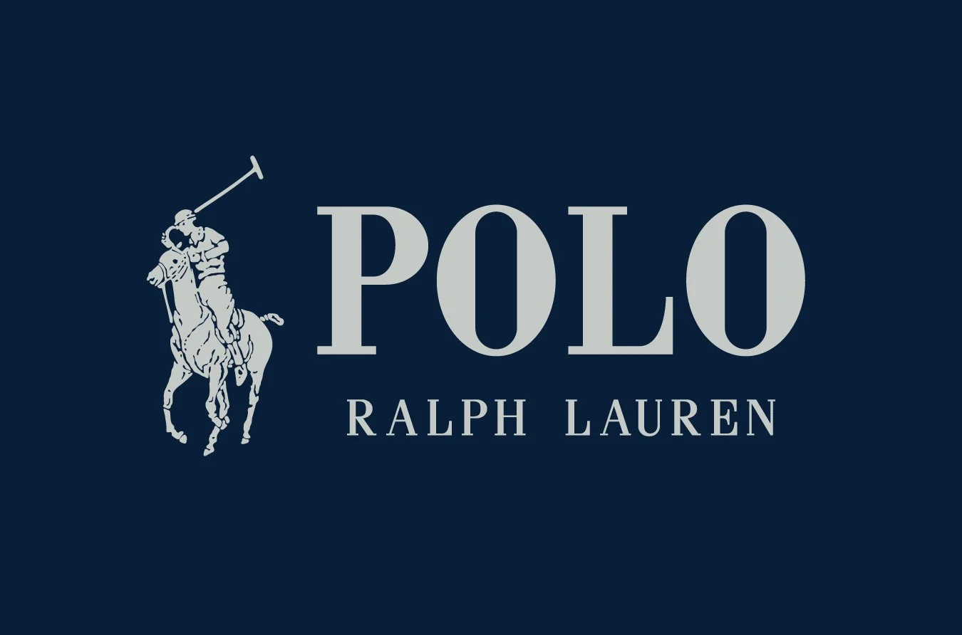 Polo Ralph Lauren logo with a silhouette of a polo player on a horse, wearing a polo hat and swinging a mallet, against a navy blue background.