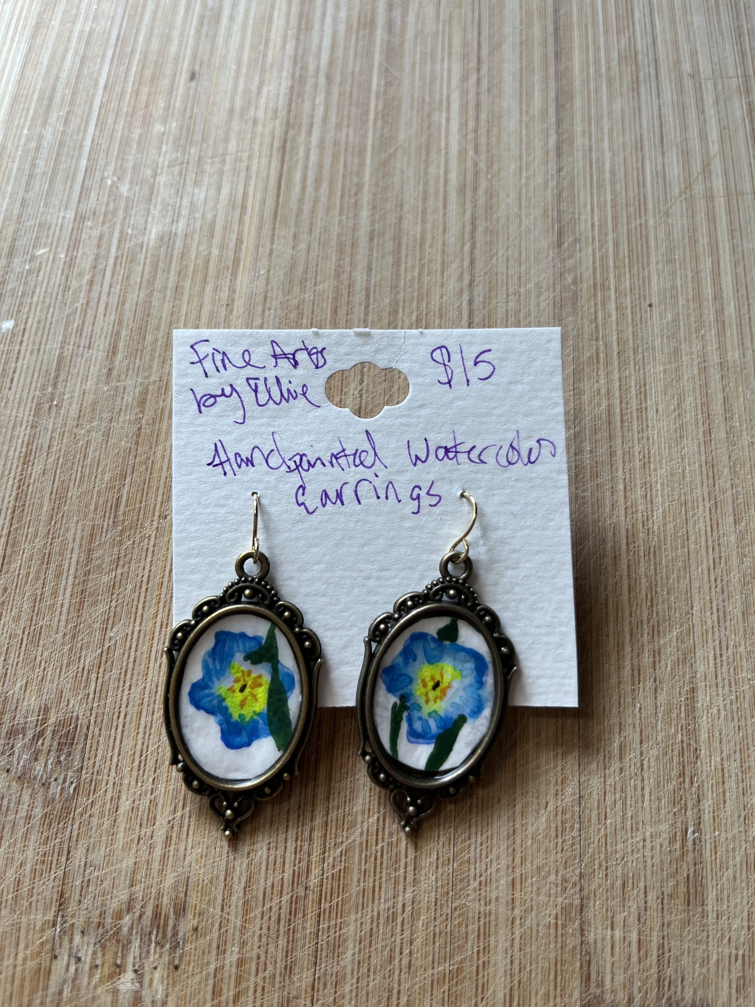 Blue Flower design hand painted original art earrings