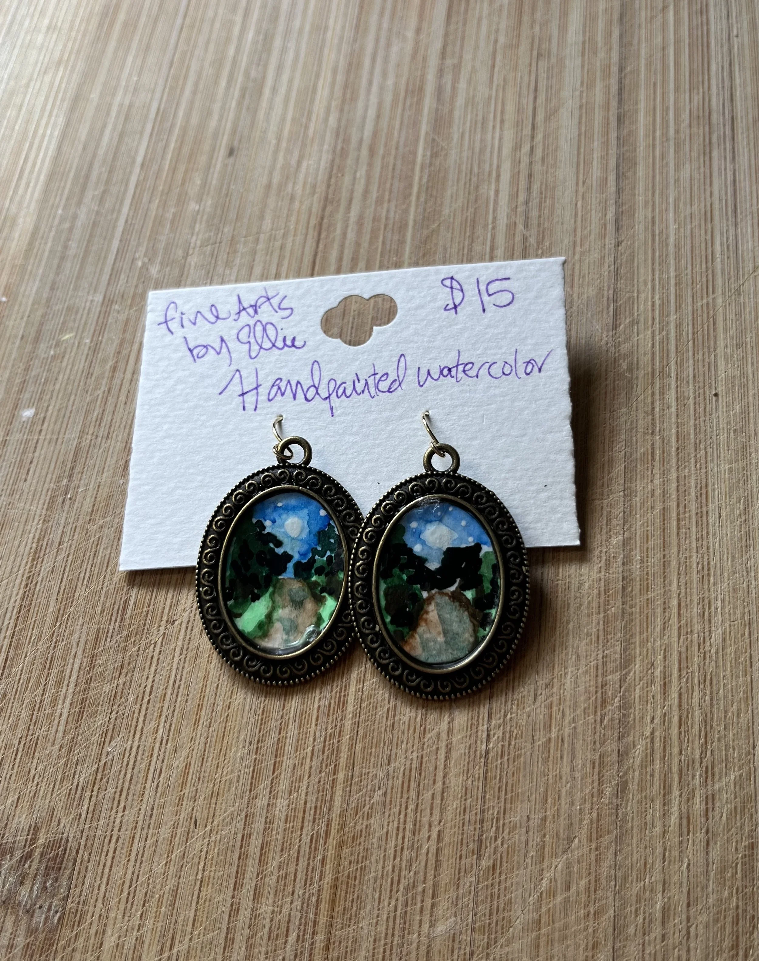 Forest road design hand painted original art earrings