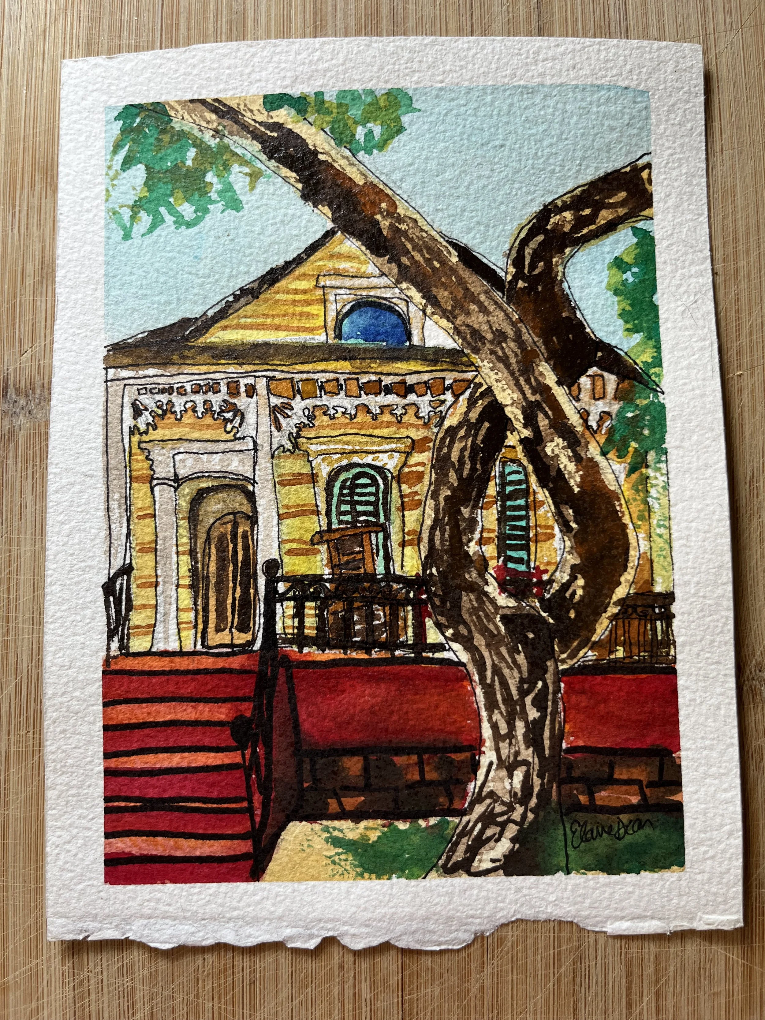 Old Yellow Home Original Watercolor and Gouache Painting