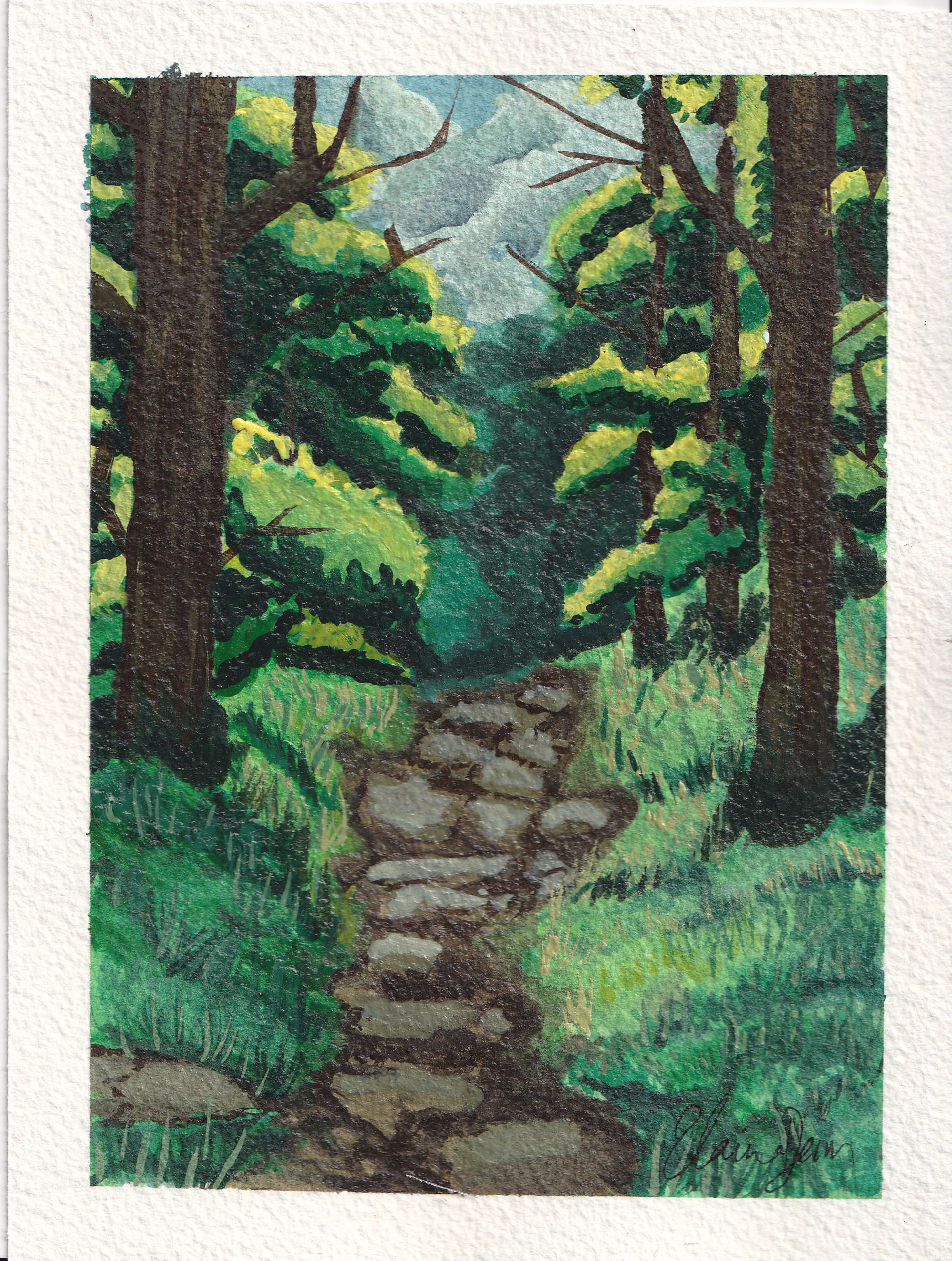 Watercolor painting of a forest scene with a stone path leading through trees and lush green foliage, signed by the artist in the bottom right corner.