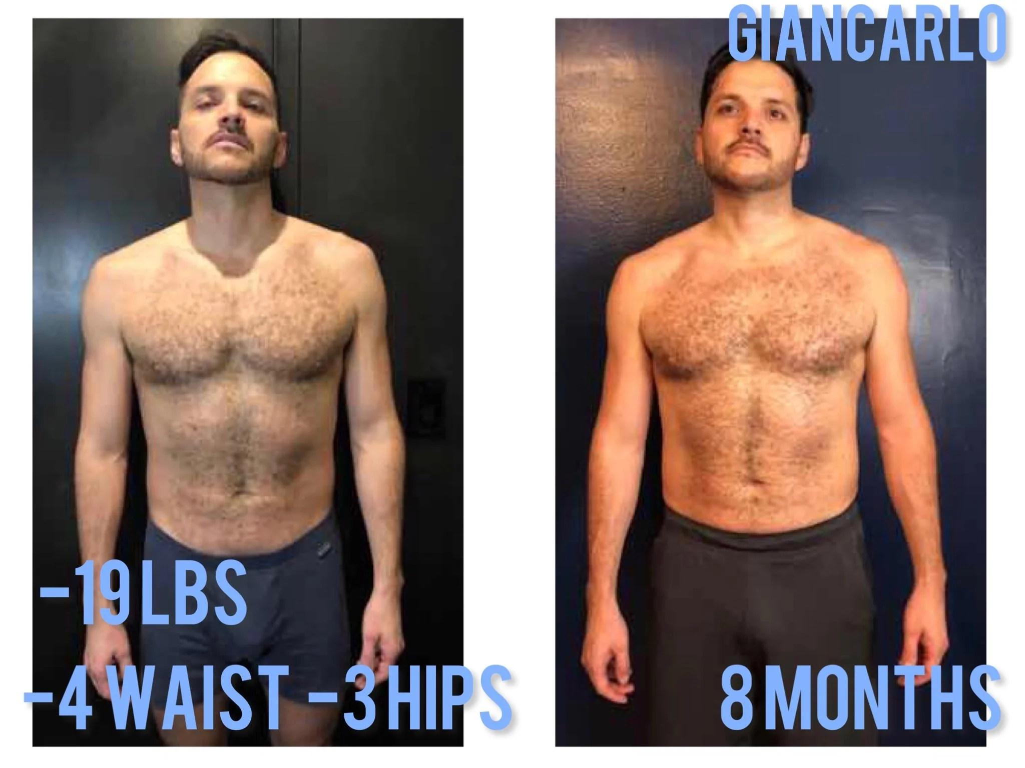 A side-by-side comparison of a man before and after weight loss, showing his upper body. The left side shows him with a weight loss of 19 pounds, 4 inches off his waist, and 3 inches off his hips, while the right side shows him with a total weight lo