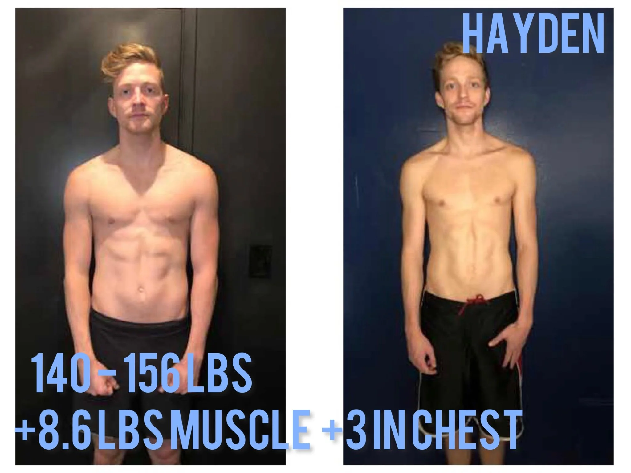Before and after images of a shirtless man demonstrating weight loss. The left image shows him at 156 pounds with a weight of 10 pounds less than original, and the right image shows him at 163 pounds with muscle and chest development, with his height