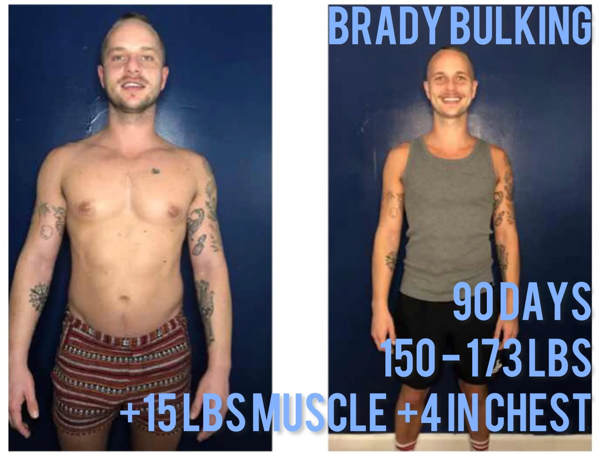 Before and after photos of a man showing weight loss transformation, with text indicating 90 days progress from 150 to 117 pounds, and muscle gain, with tattoos on arms.