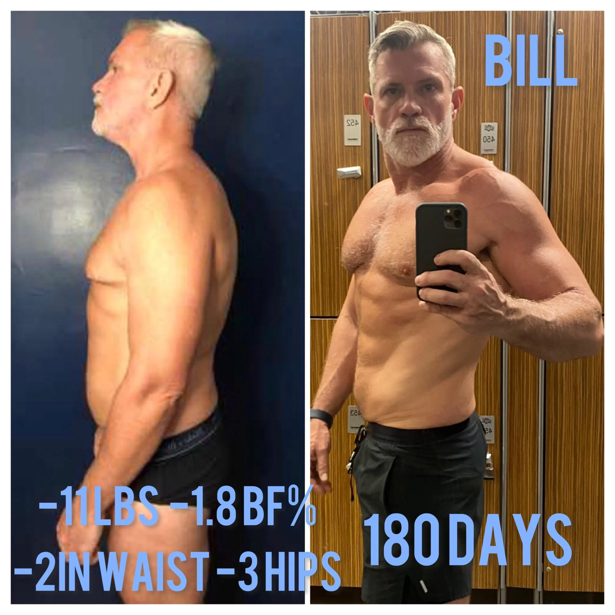 Side-by-side photos of a shirtless man showing weight loss progress, with the left image showing more weight and the right image showing a slimmer appearance, set in a gym locker room. Overlaid text in blue displays weight and body fat percentage cha