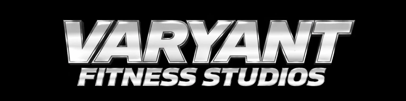 Logo for Variant Fitness Studios with bold metallic lettering on a black background.