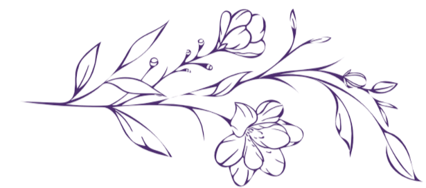 Purple hand-drawn floral design with leaves and flowers on a black background.