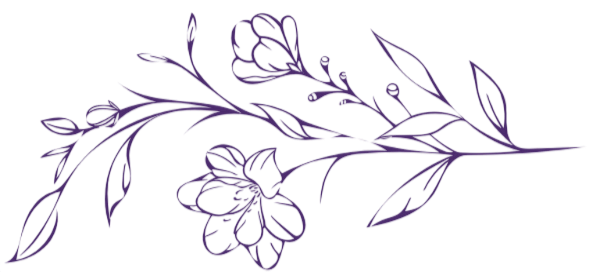 Line drawing of a sprig with flowers and leaves in purple.