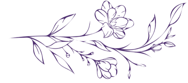 Purple line drawing of a floral branch with leaves and flowers