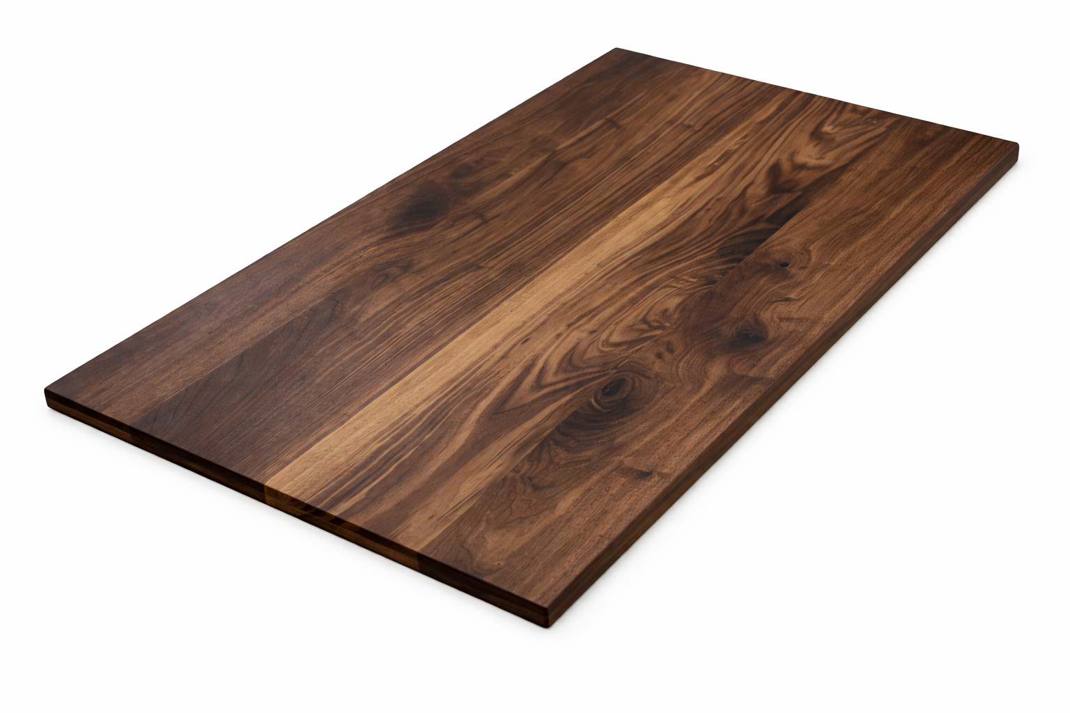 A wooden cutting board made of dark wood with visible grain patterns, placed on a white surface.