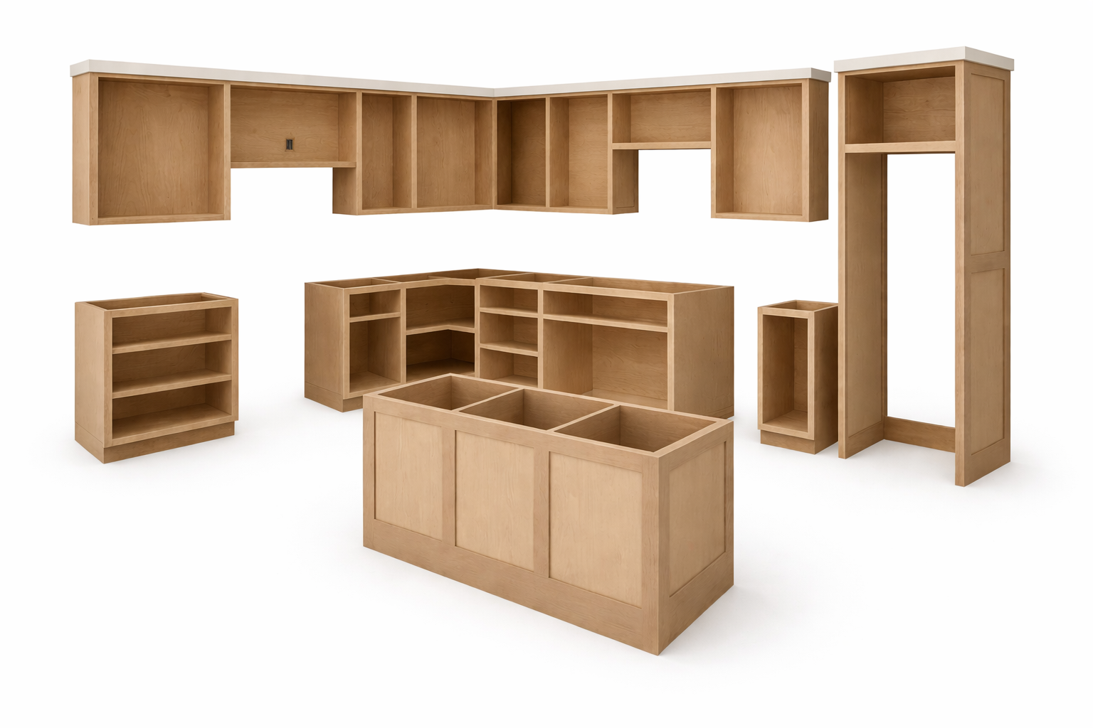 Multiple unfinished wooden cabinets and shelves arranged for assembly.