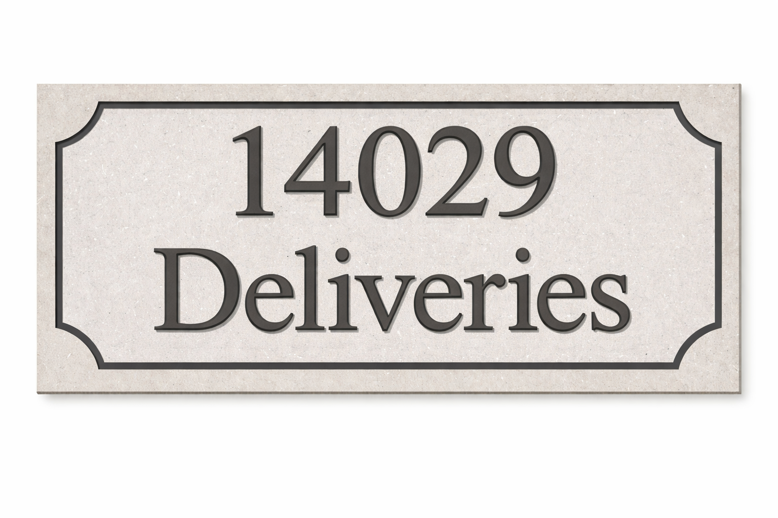 Address plaque reading 14029 Deliveries with a beige background and black decorative border.