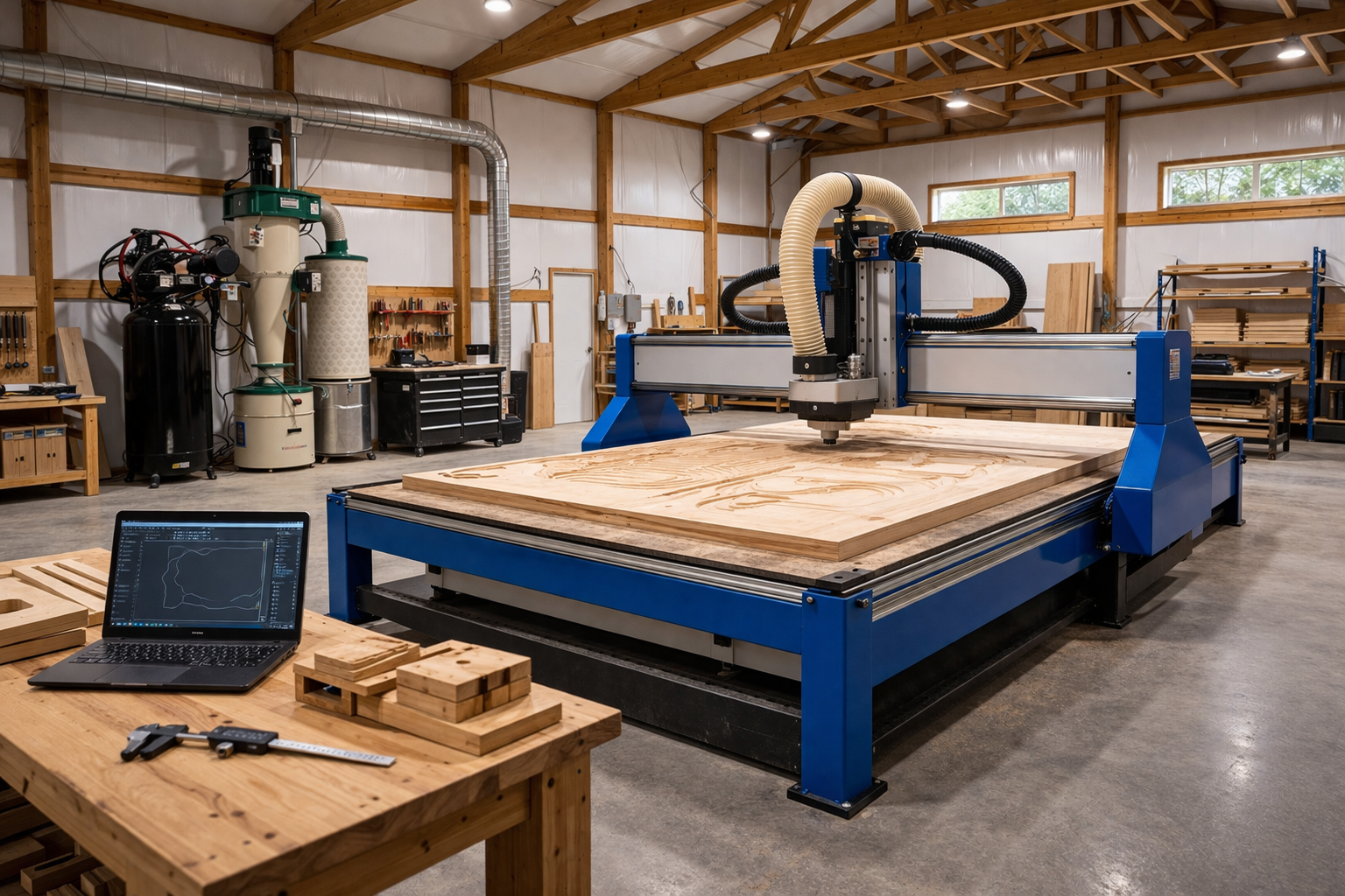 A large blue CNC woodworking machine cutting a design into a wooden sheet in a spacious workshop with wooden beams and tools on the walls.