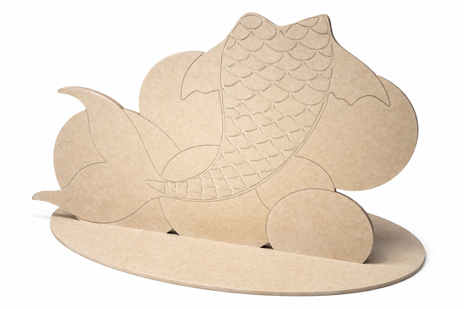 Unfinished cardboard craft in the shape of a fish with a textured scale pattern, set on a flat oval base.