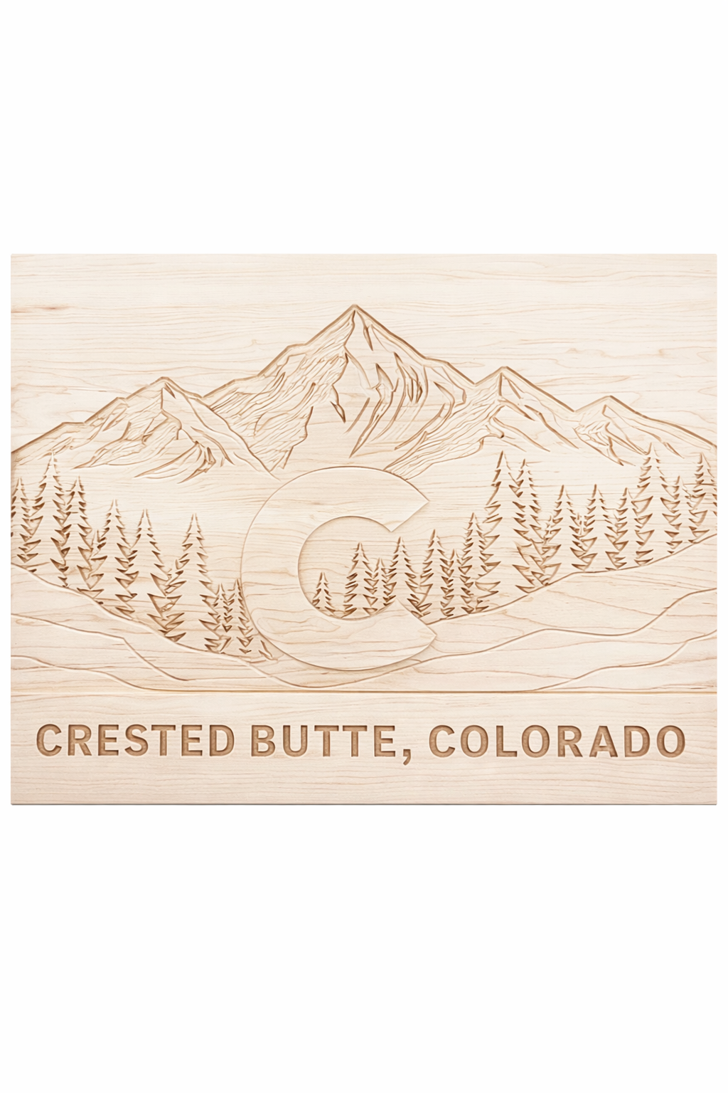 Wooden plaque with mountain range, pine trees, and a large 'C' in the center, engraved with 'Crested Butte, Colorado' at the bottom.