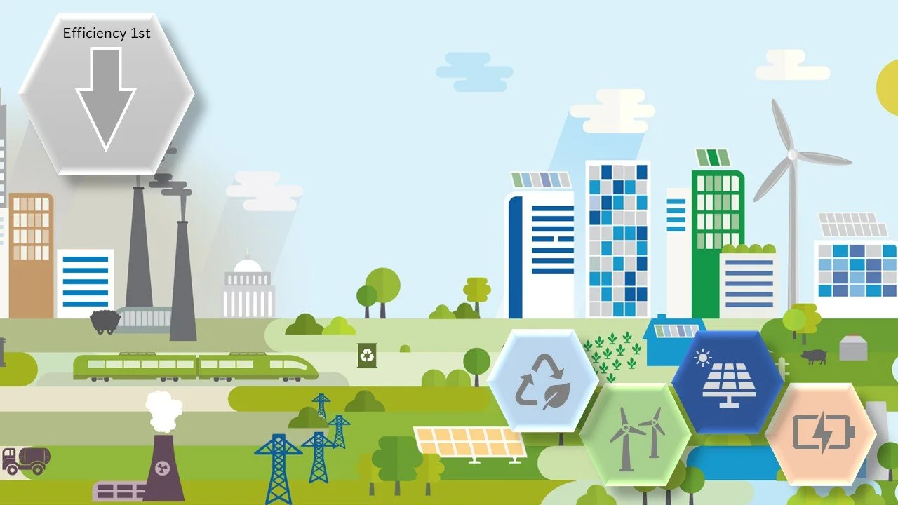 Illustration of a cityscape with renewable energy and environmental sustainability icons, including wind turbines, solar panels, and recycling symbols.