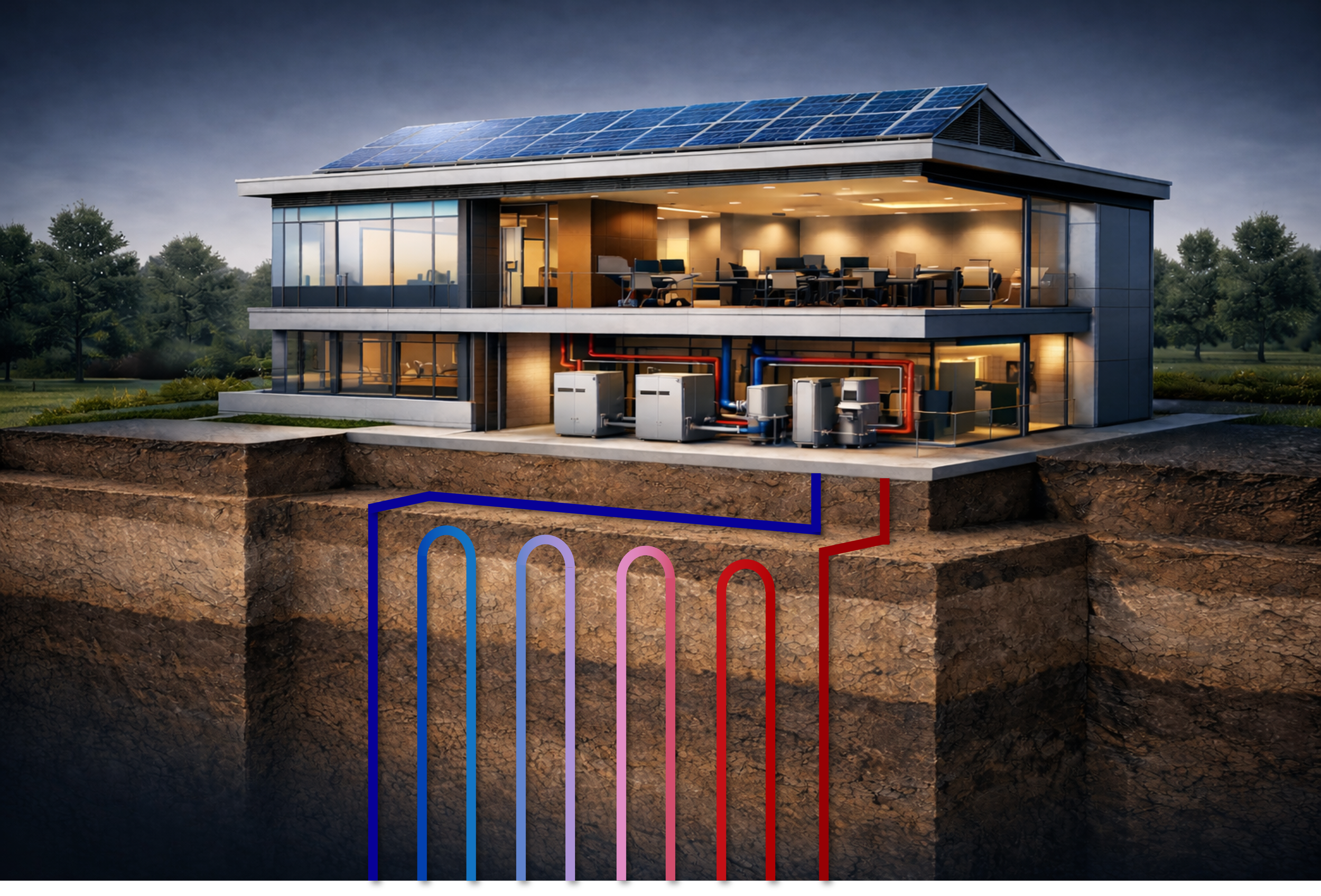 commercial geothermal with vertical field closed loop, ground source heat pump (GSHP)