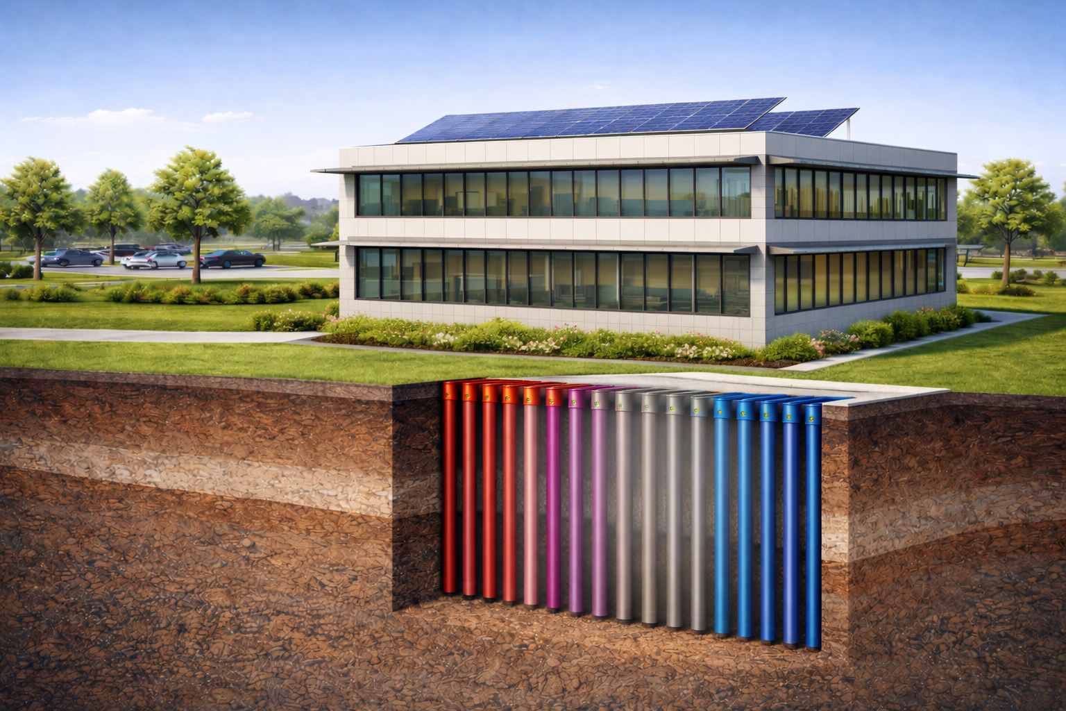 Illustration of a modern office building with solar panels on the roof and underground pipes of various colors in soil.