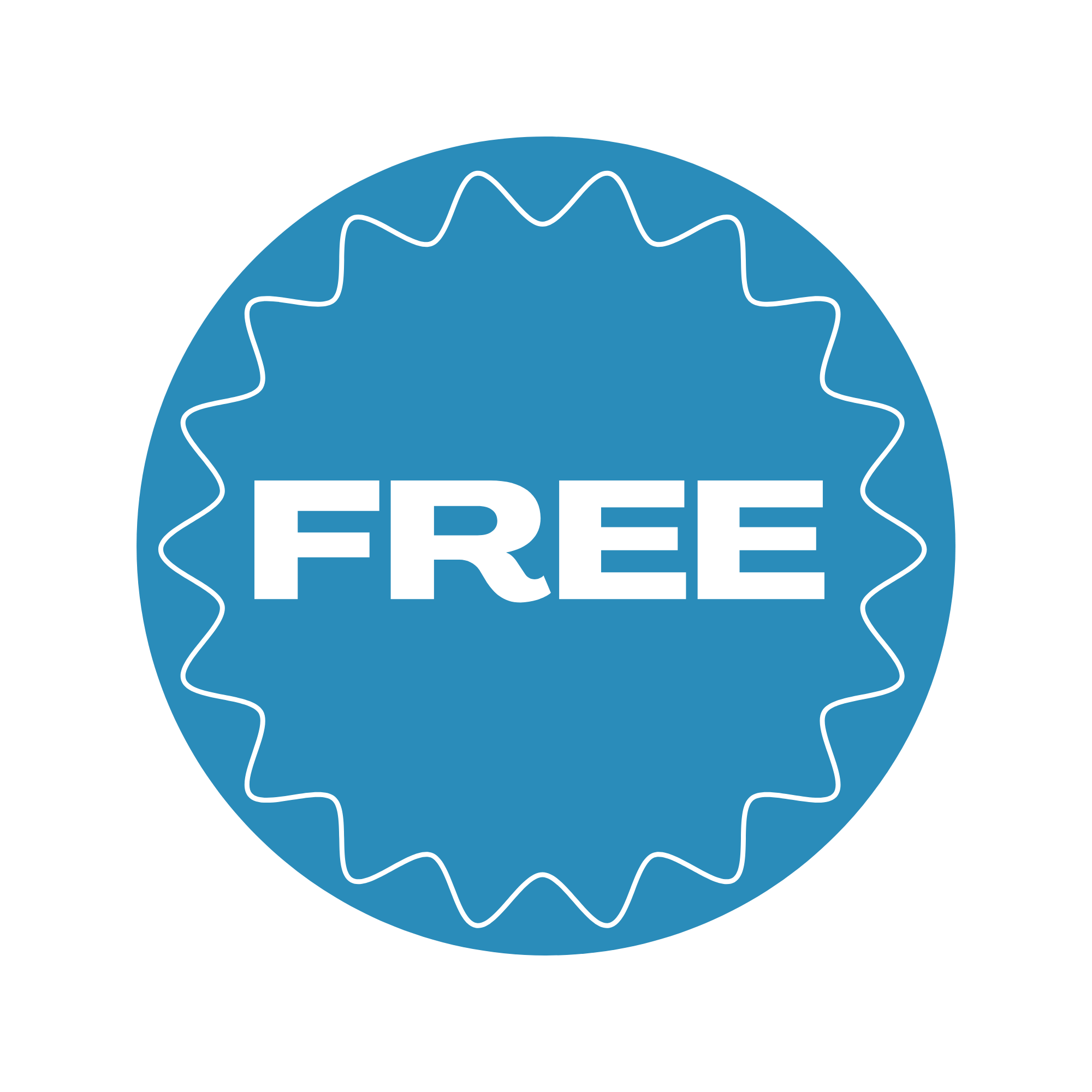 Blue circular badge with the word 'FREE' in white, surrounded by a white wavy outline.