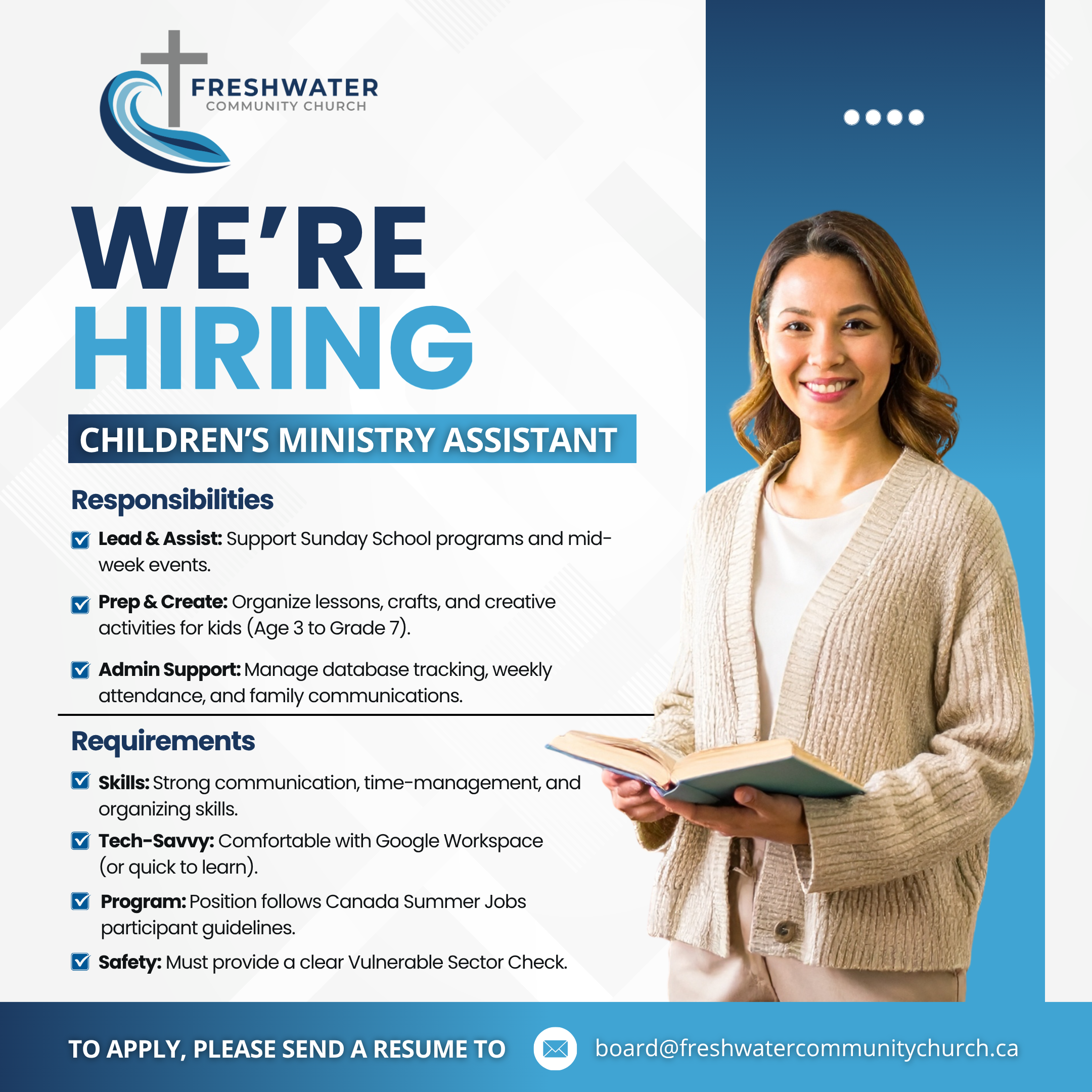 Job posting for Children’s Ministry Assistant at Freshwater Community Church, featuring a smiling woman holding a book, with details about responsibilities, requirements, and application instructions.