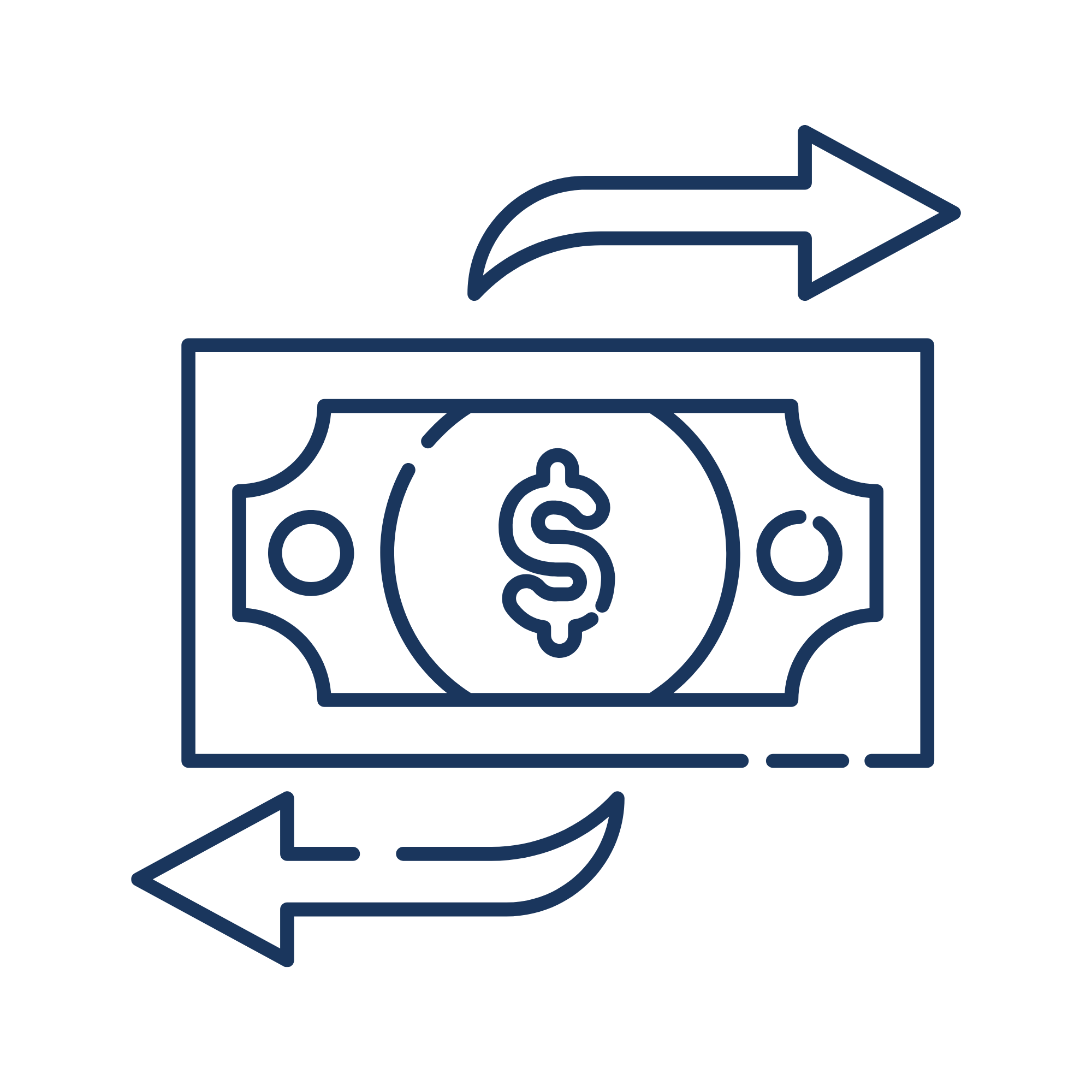 Line drawing of a dollar bill with arrows pointing left and right, representing money transfer or exchange.