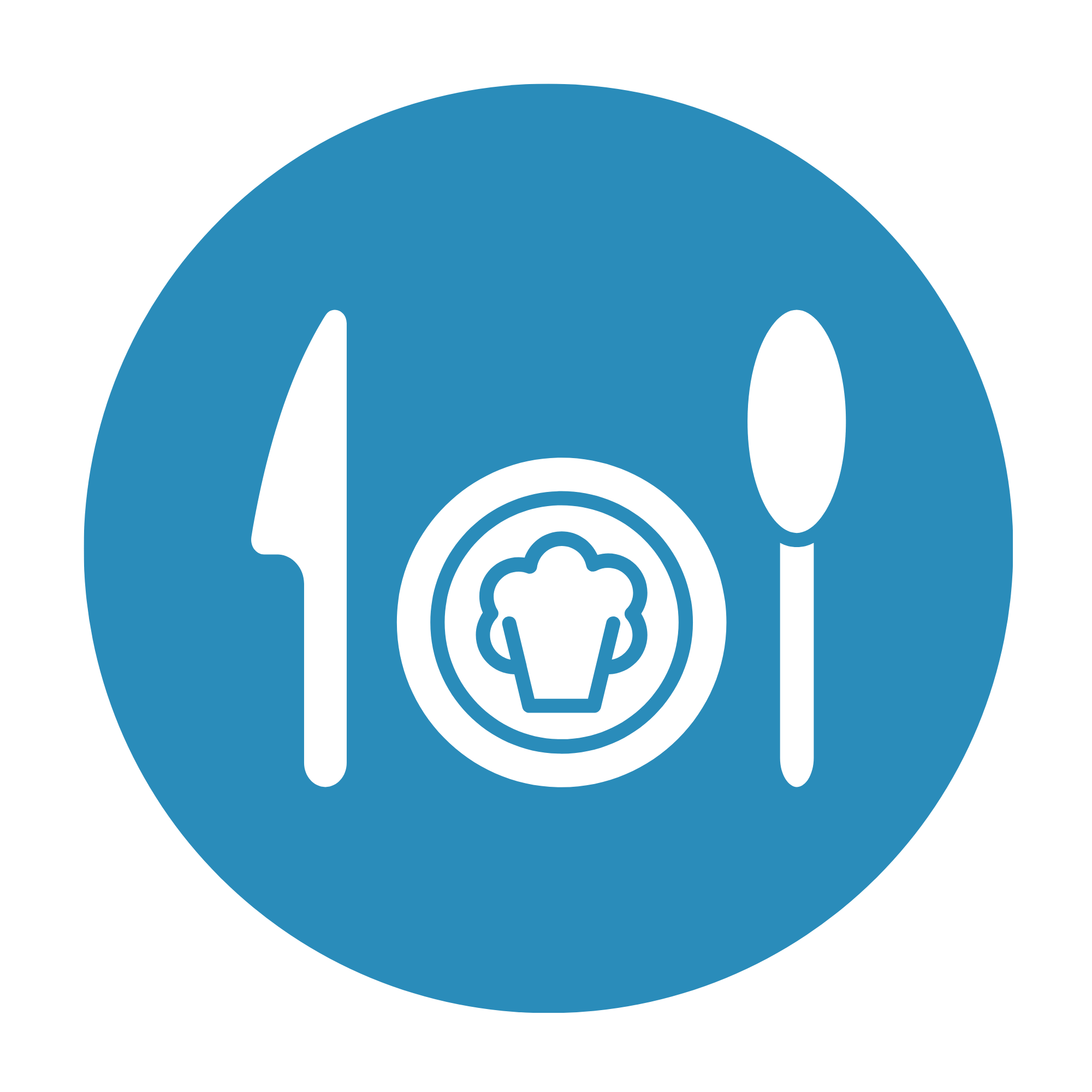 Blue circular icon with a white knife on the left, a white spoon on the right, and a plate in the center featuring a chef's hat.