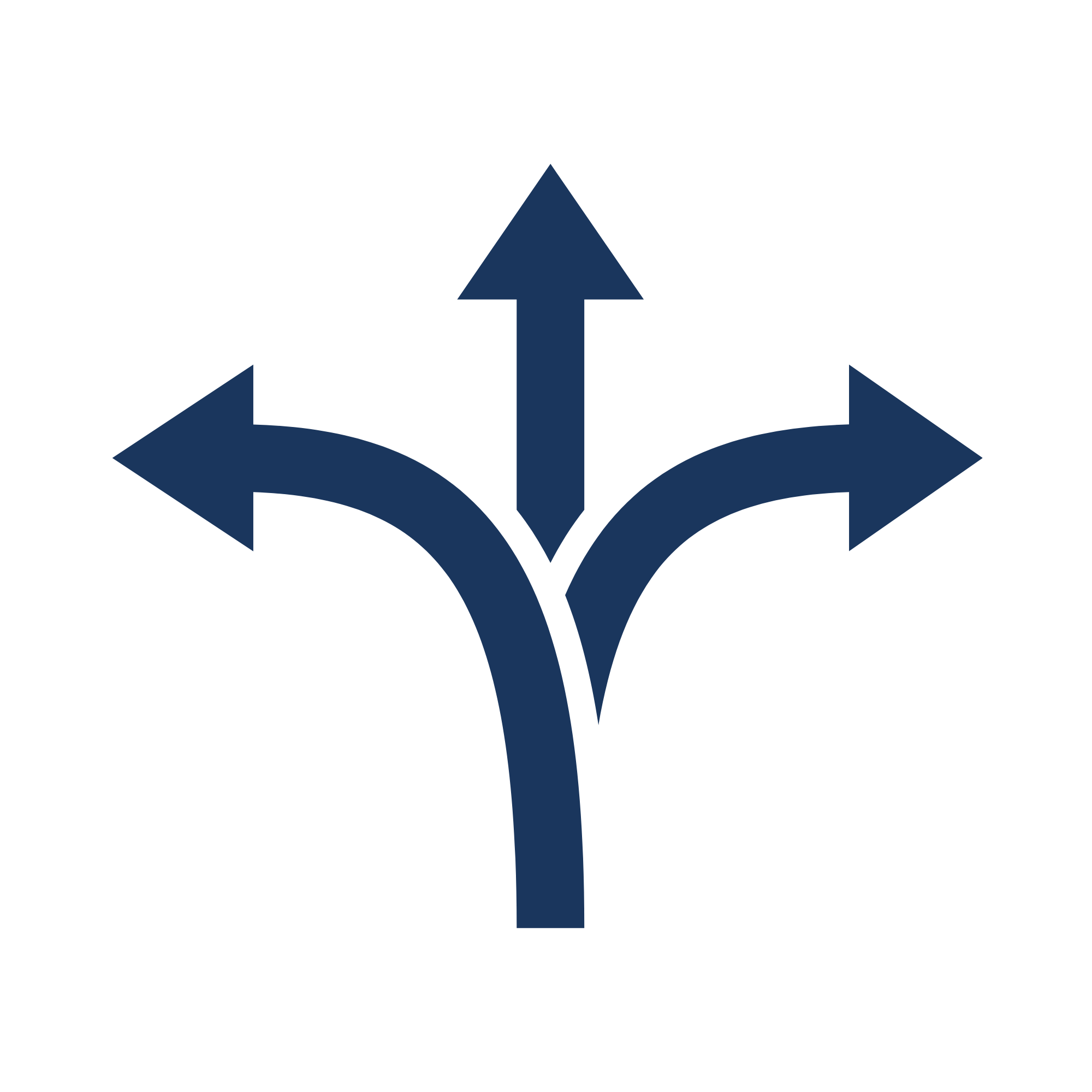 A blue directional sign with arrows pointing left, straight up, and right against a white background.