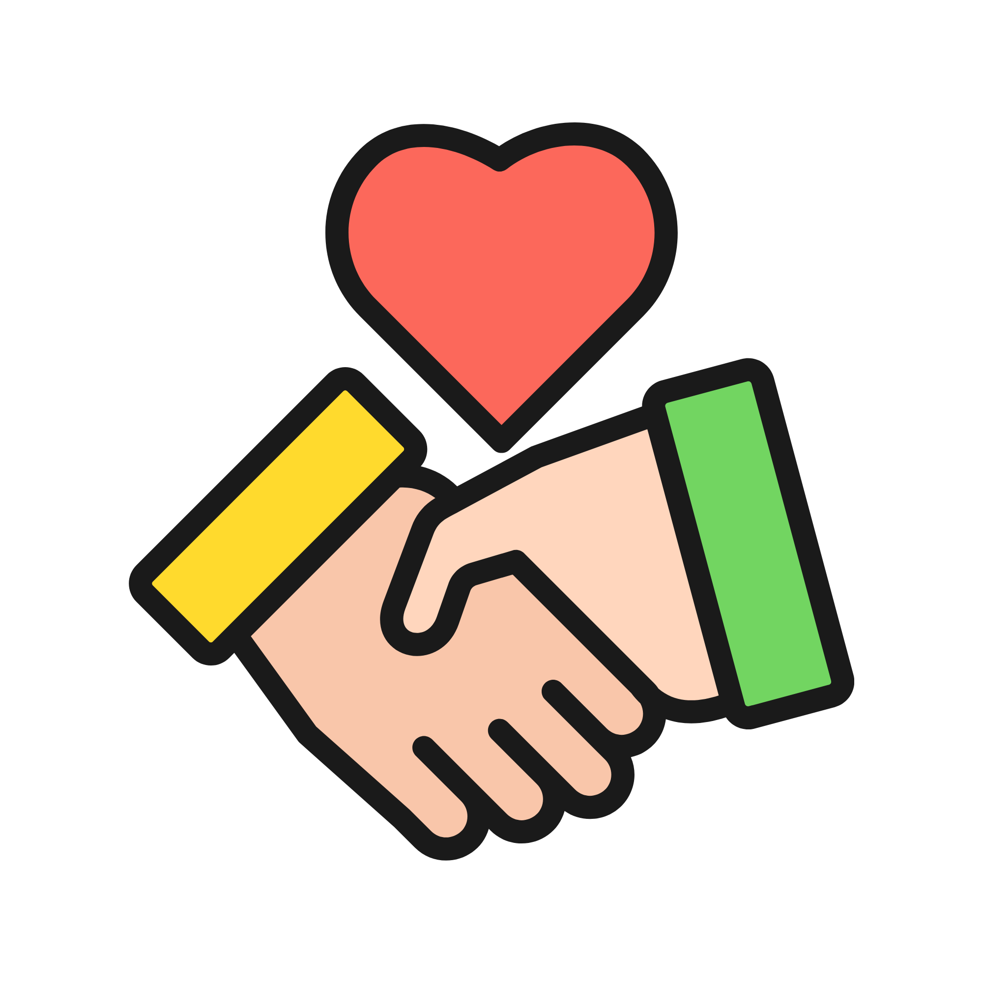 Illustration of two hands shaking with a red heart above them