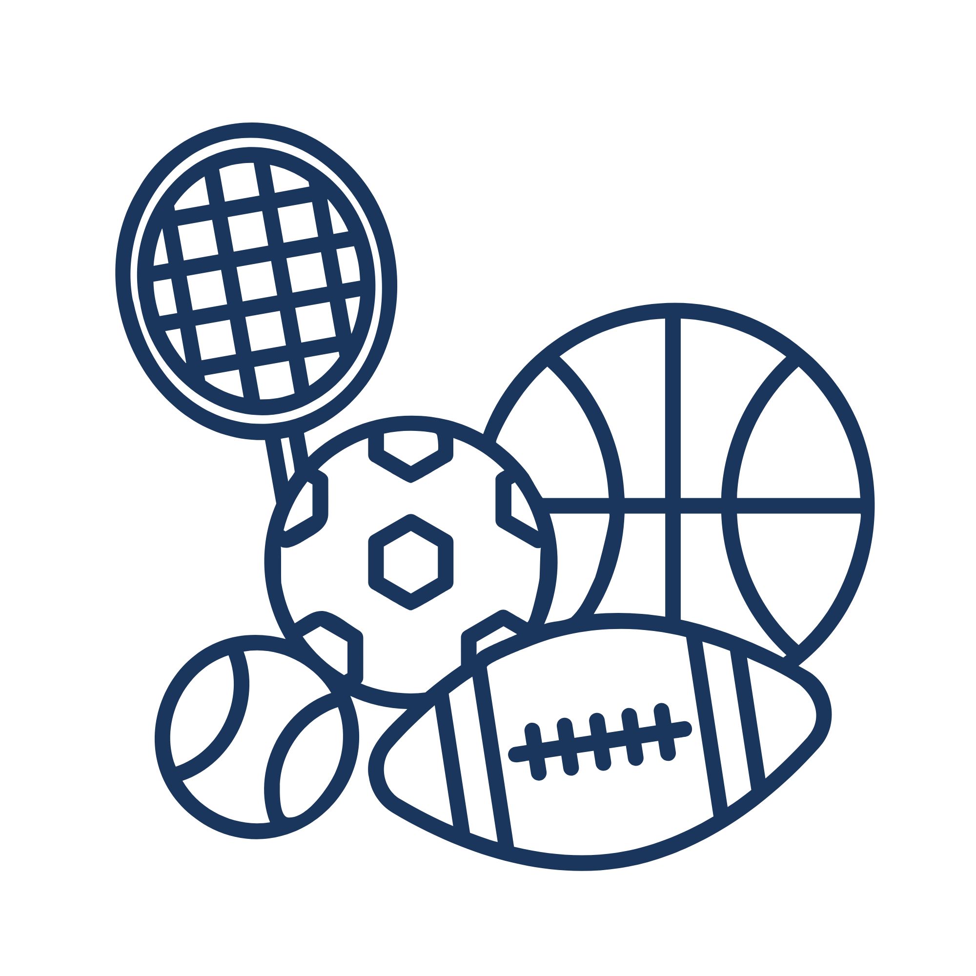 Outline drawing of various sports balls including a tennis racket, soccer ball, basketball, football, volleyball, and baseball.