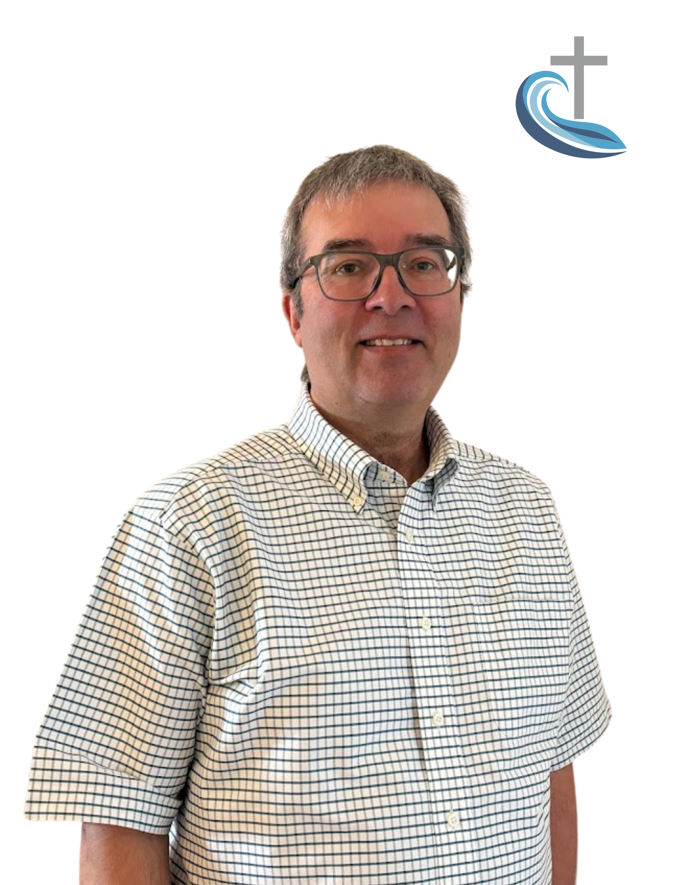 A man with glasses wearing a short-sleeved checkered shirt standing against a white background with a church logo in the top right corner.