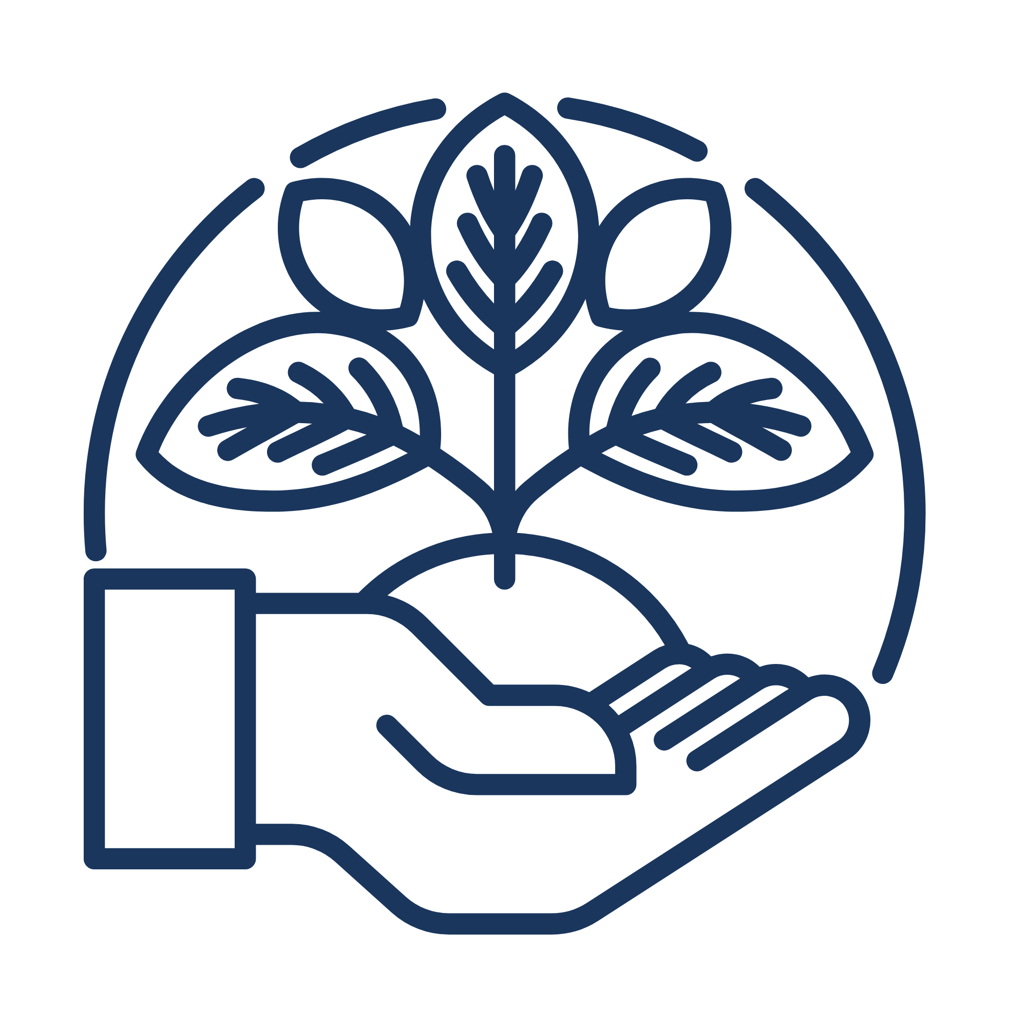 Outline drawing of a hand holding a small plant with leaves, surrounded by a circle, representing environmental care or sustainability.