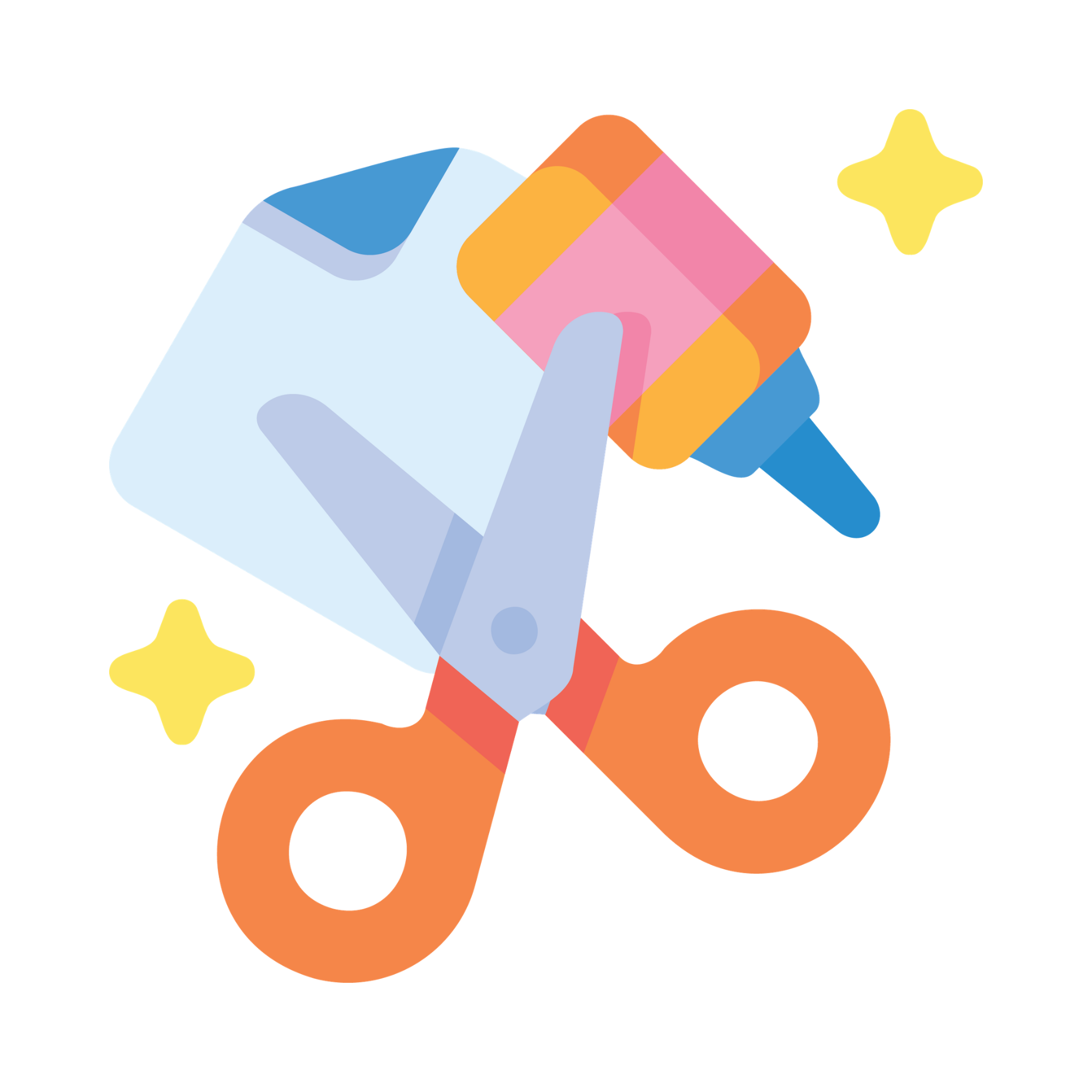 An illustrated bicycle with a paddle, a briefcase, and sparkles around it.