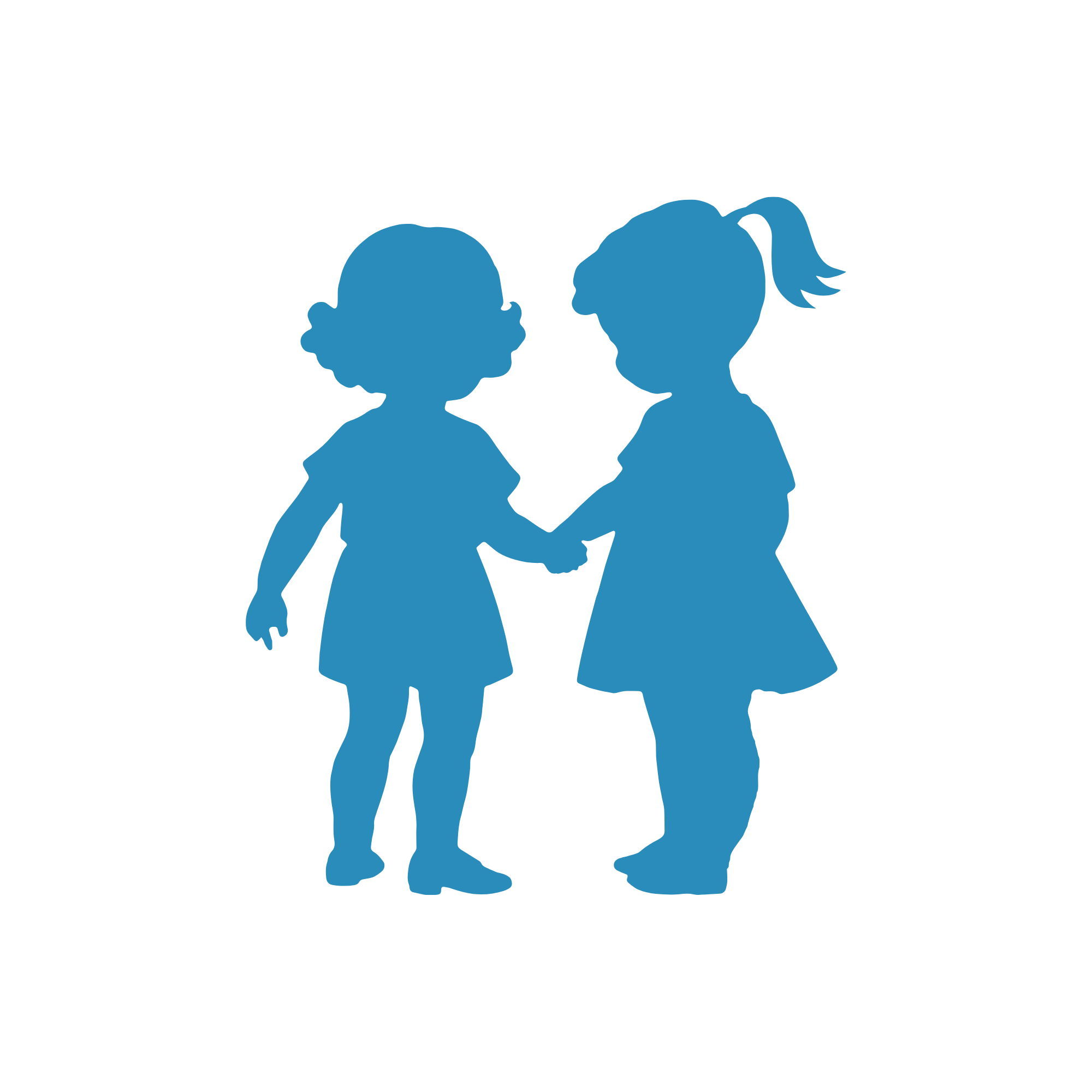 Silhouette of a young girl and boy holding hands, facing each other, in blue against a black background.