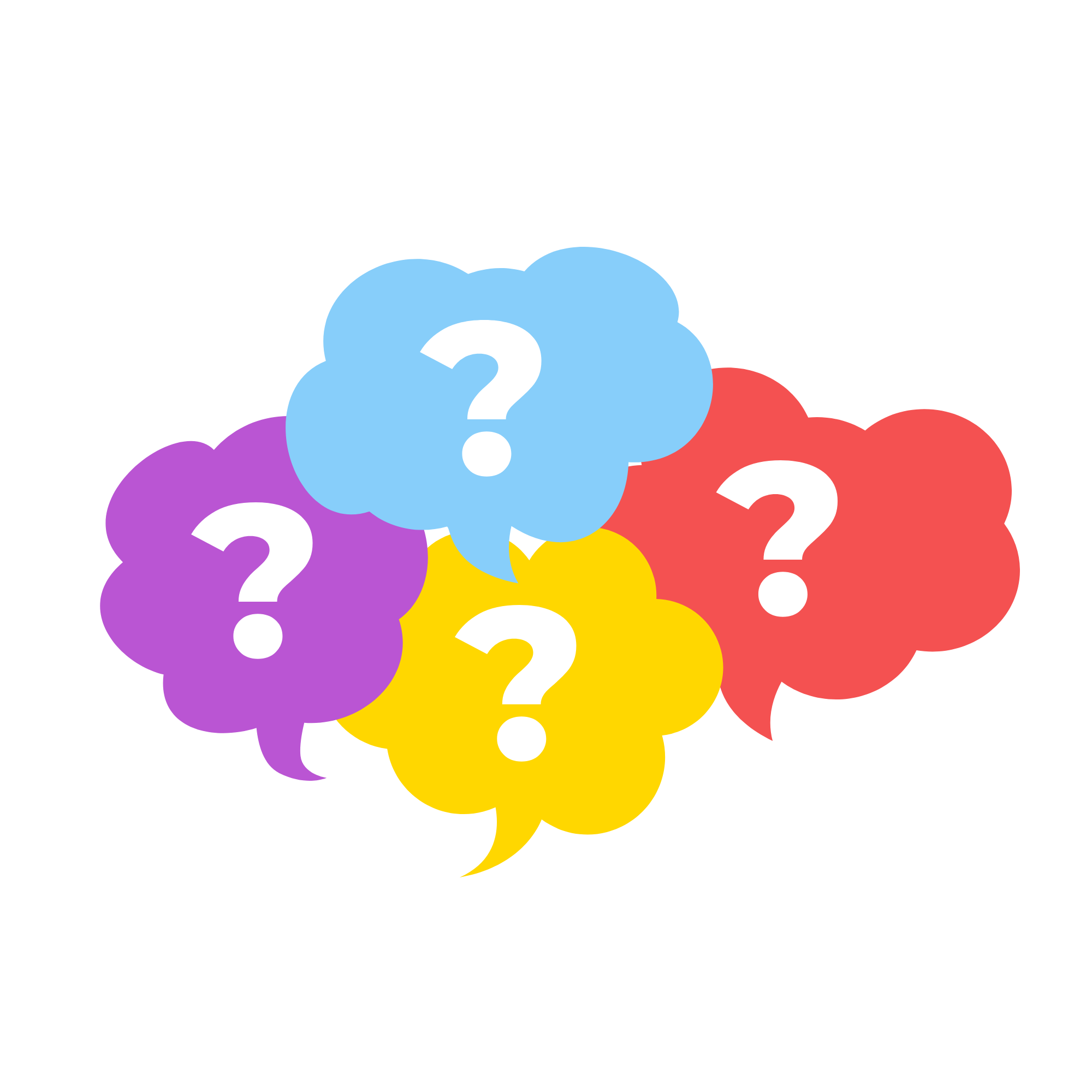 Multiple colorful speech bubbles with white question marks inside, representing questions or uncertainty.