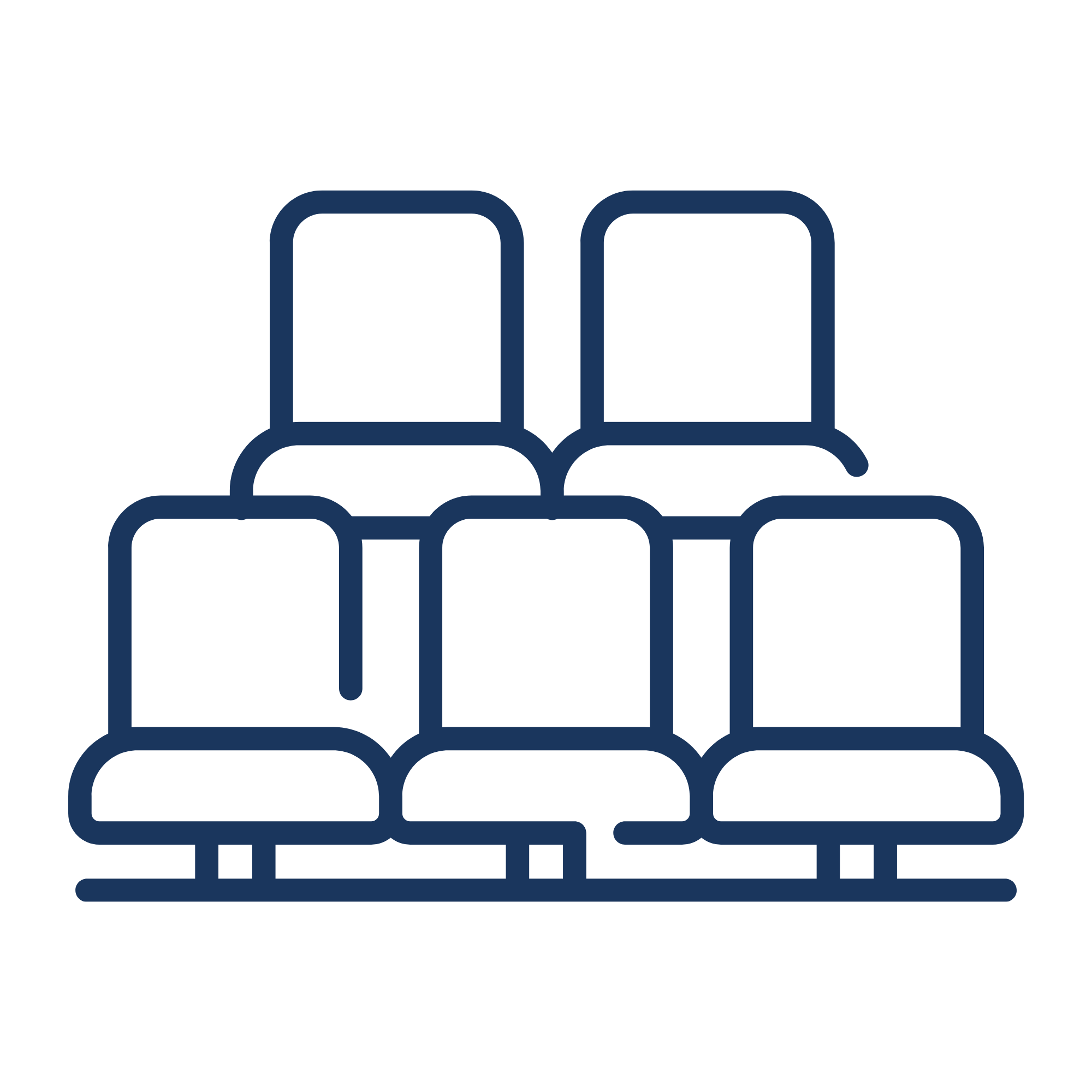 Outline illustration of a row of six lounge chairs, three on top and three on bottom.
