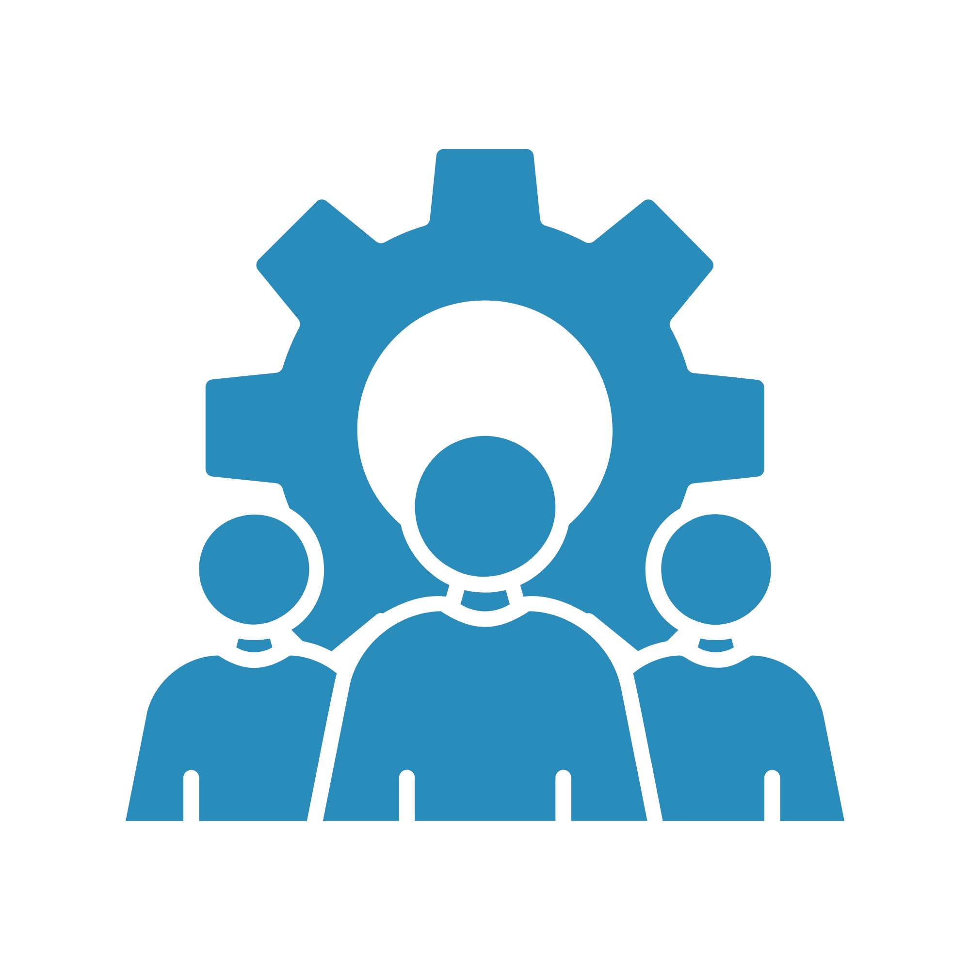 A stylized graphic of a blue gear with circles connected to its outer edge, representing settings or technical concepts.