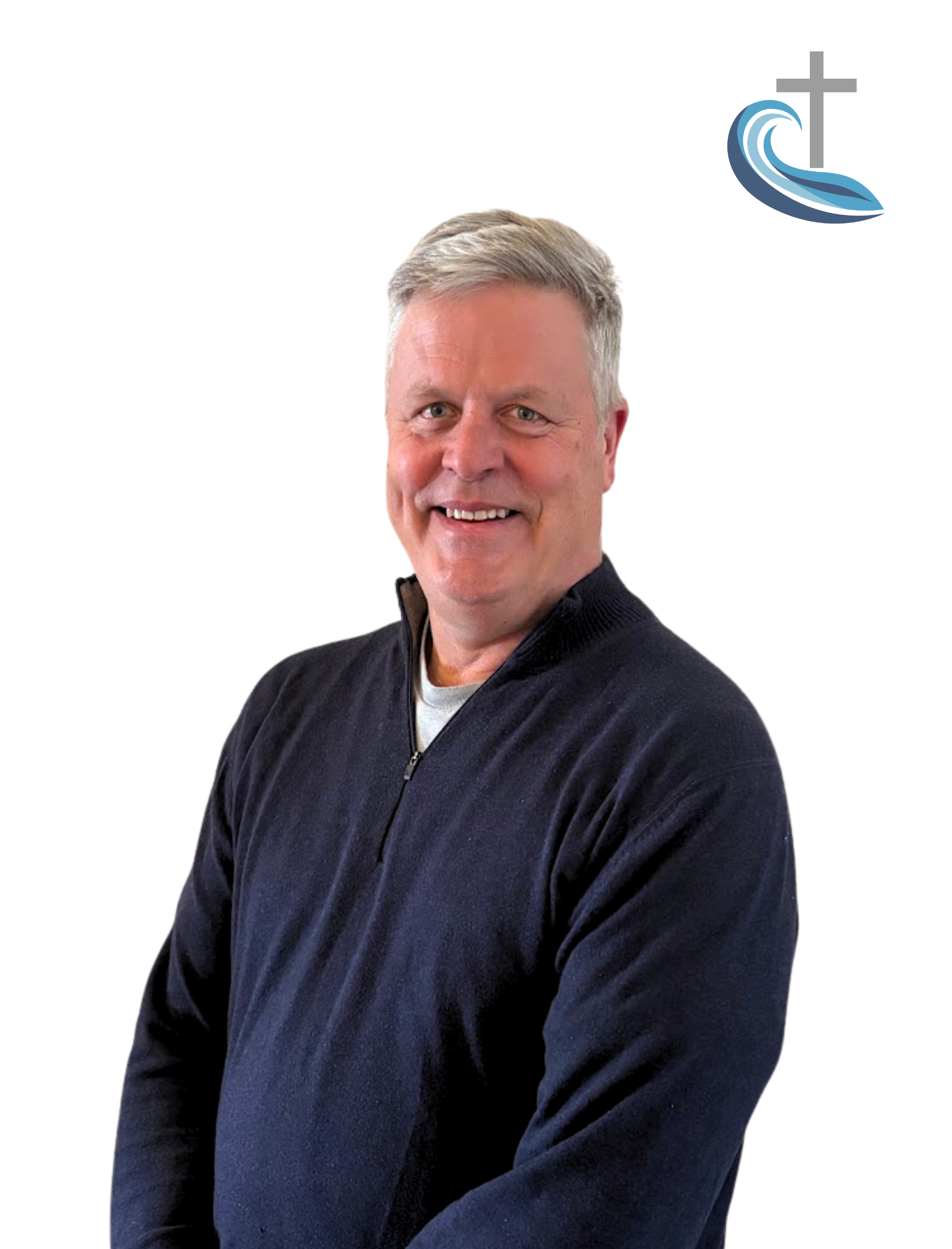 A smiling man with gray hair wearing a black quarter-zip sweater against a white background, with a Christian cross and wave logo in the top right corner.