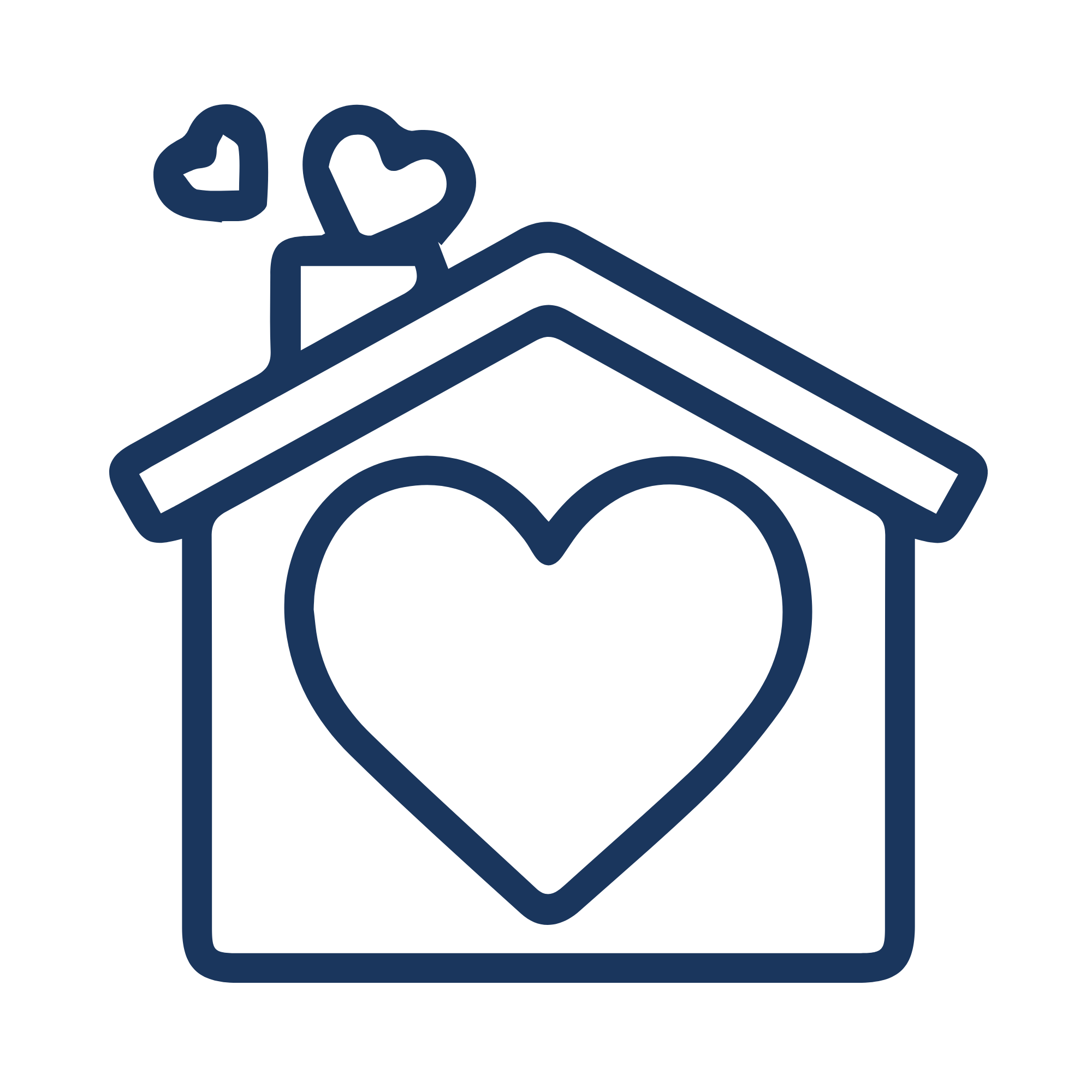Outline of a house with a heart inside and two hearts above, representing love or care.