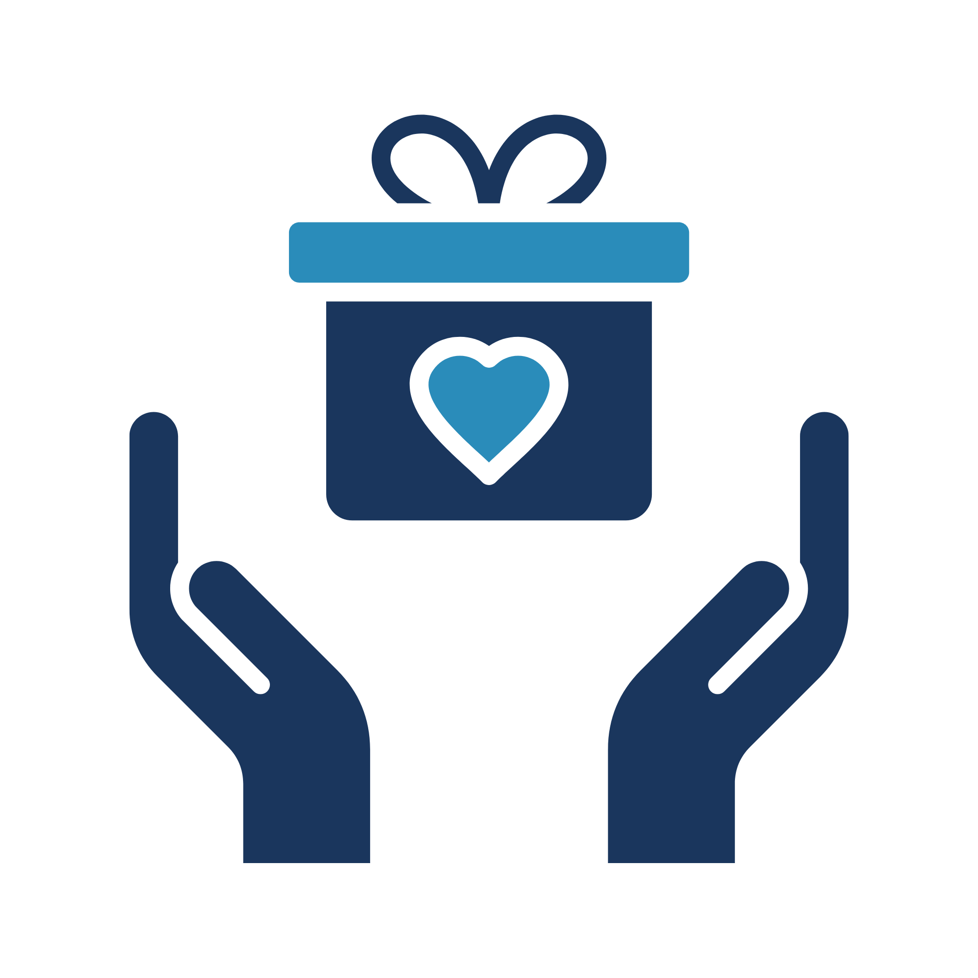 Two hands holding a gift box with a heart on it and a ribbon on top