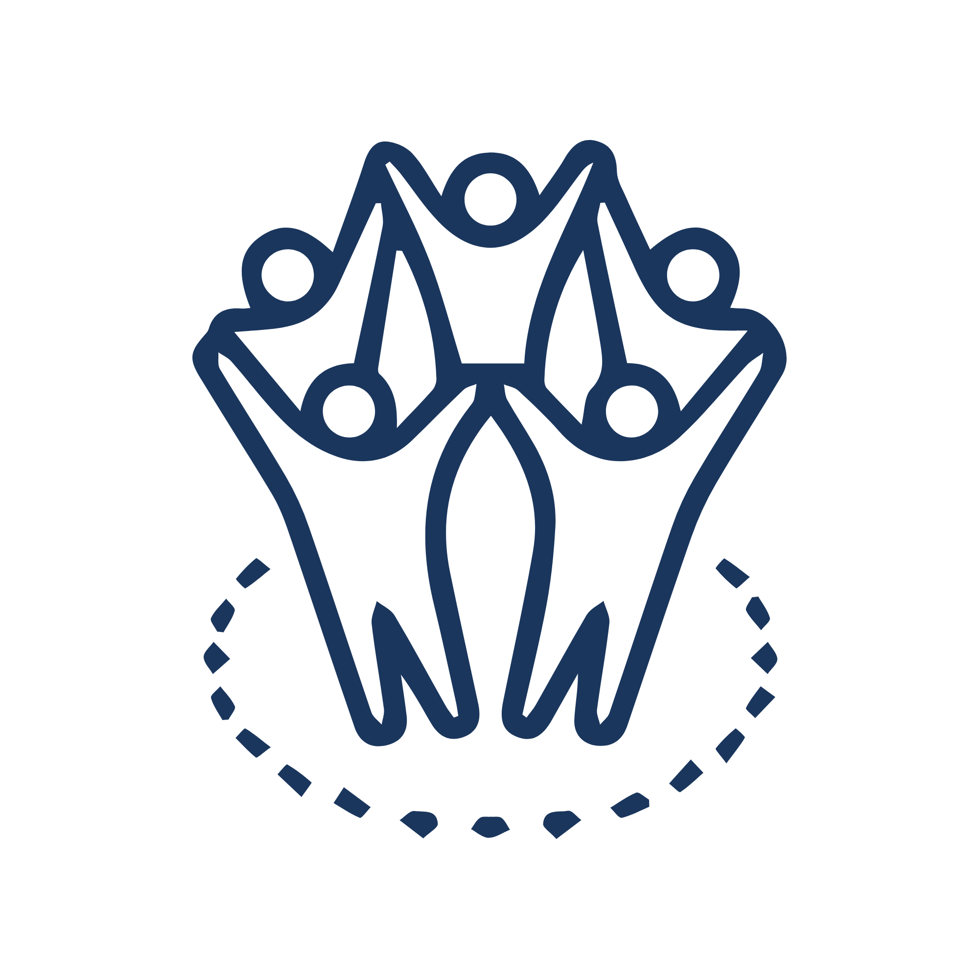 Outline icon of five stylized human figures raising their arms, forming a circle, with a dotted circle surrounding them.